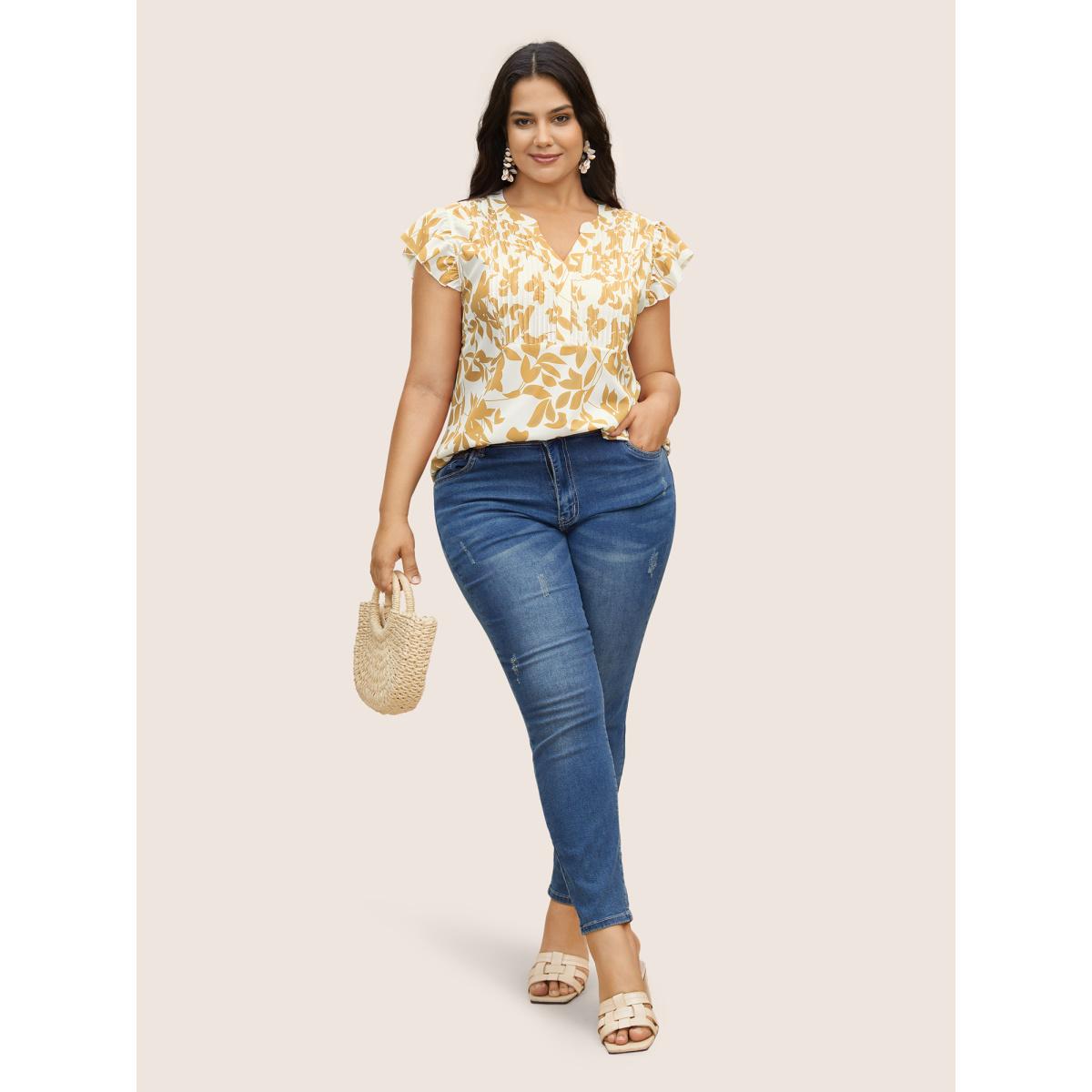 Plus Size Tan Silhouette Floral Print Notched Collar Pleated Blouse Women Resort Cap Sleeve Notched collar Vacation Blouses BloomChic 22-24/3X Product Image