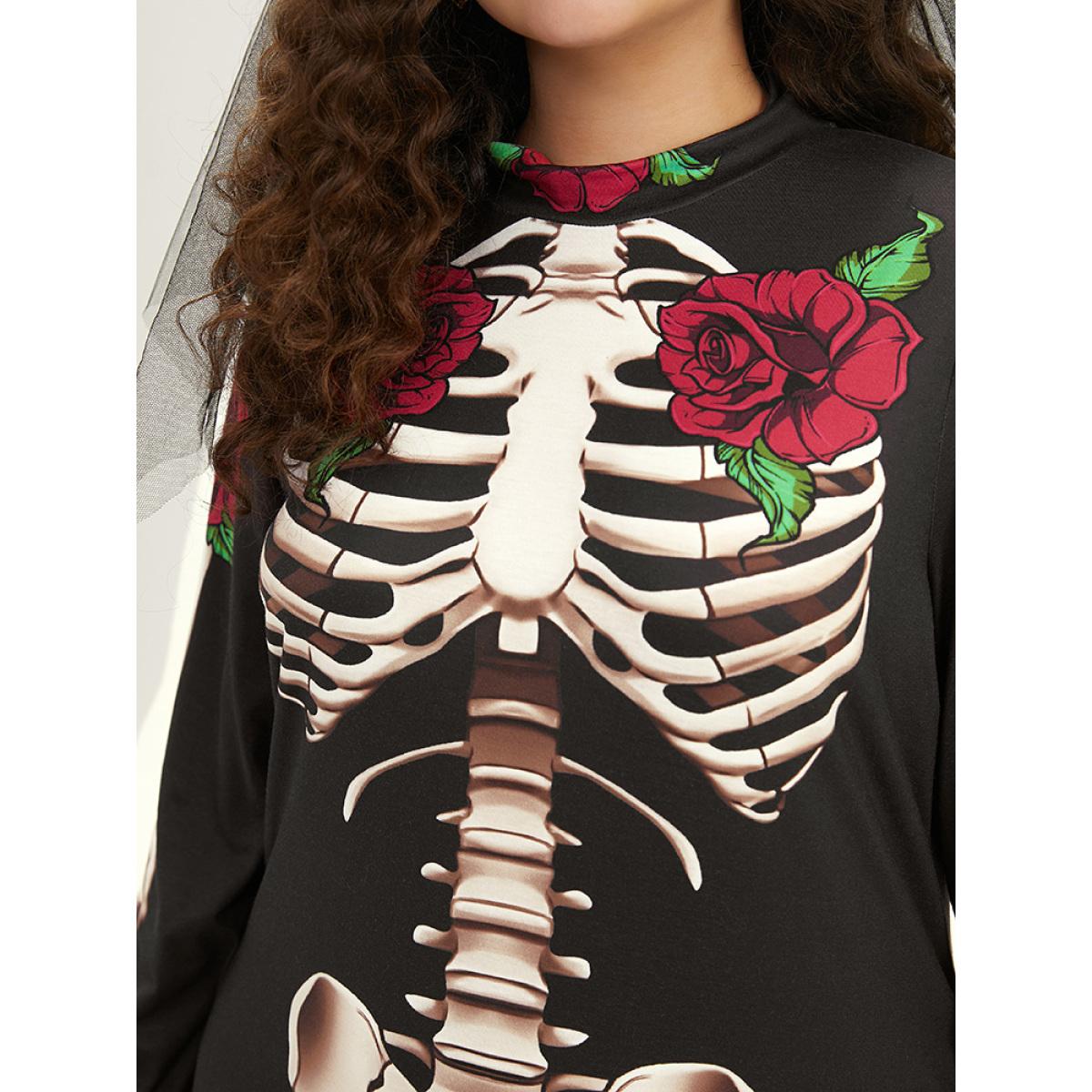 Plus Size Halloween Mock Neck Skull Print Split Hem Dress Black Women Casual Printed Mock Neck Long Sleeve Curvy Midi Dress BloomChic 18-20/2X Product Image