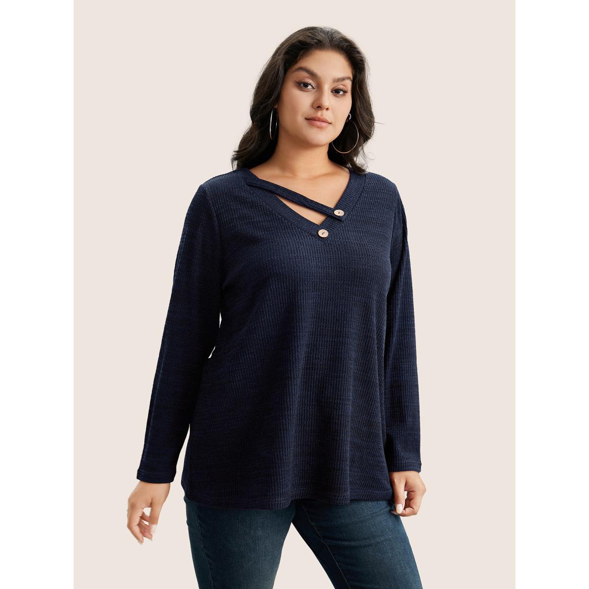 Plus Size Solid Rib Knit Button Detail T-shirt Blue Women Leisure Non Plain V-neck Casual T-shirts BloomChic 18-20/2X Product Image