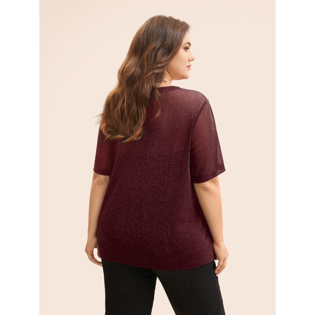 Plus Size Round Neck Luxe Mesh T-shirt Burgundy Women Elegant See through Round Neck Everyday T-shirts BloomChic 12/L Product Image