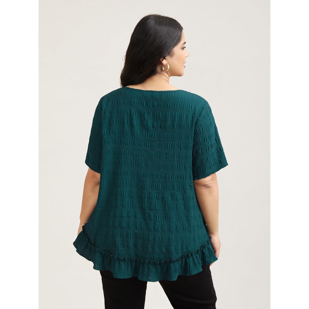 Plus Size Cyan Textured Spliced Ruffle Edge Top Women Leisure Short sleeve Round Neck Casual Blouses BloomChic 18-20/2X Product Image