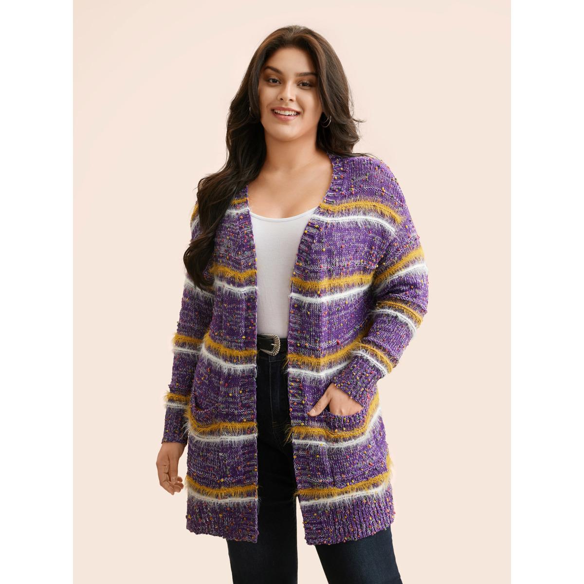 Plus Size Striped Contrast Texture Fluffy Cardigan Deeppurplered Women Casual Loose Long Sleeve Everyday Cardigans BloomChic 22-24/3X Product Image