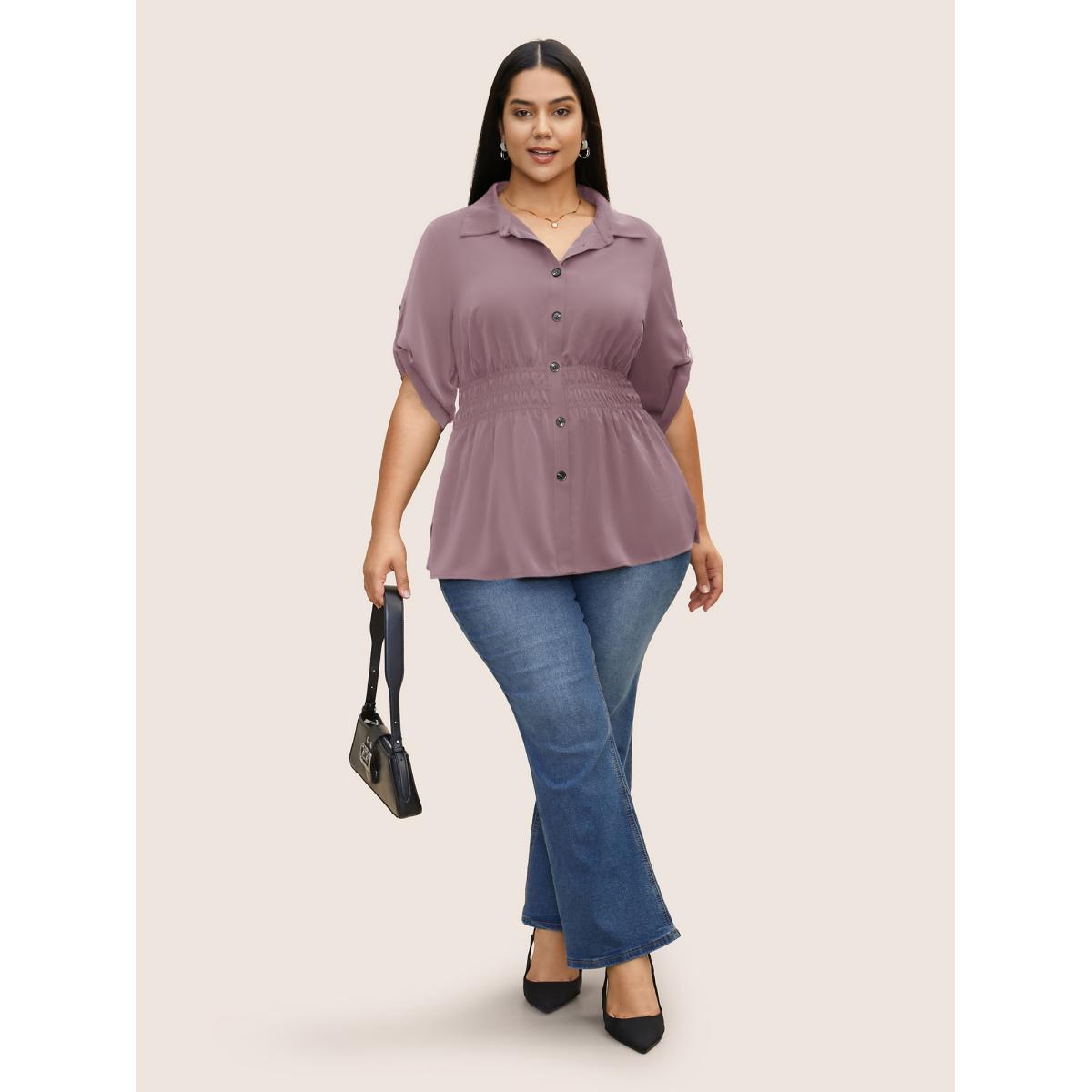 Plus Size Mauve Shirt Collar Button Cuff Sleeve Blouse Women Work From Home Half Sleeve Shirt collar Work Blouses BloomChic 30/6X Product Image