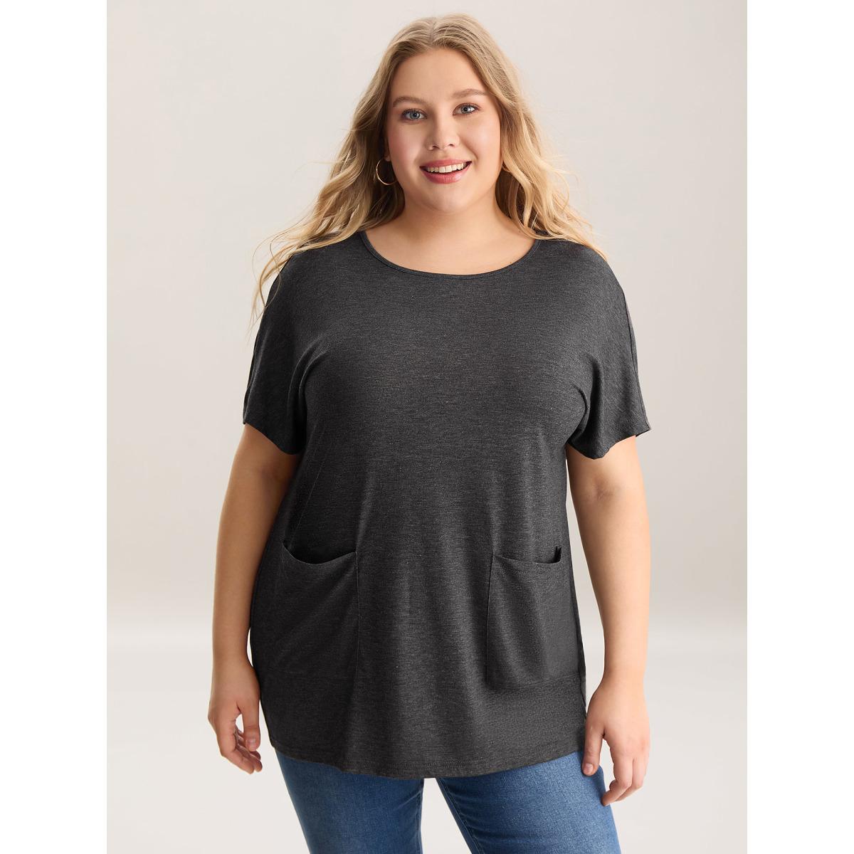 Plus Size Stretchy Knit Pockets Curvy-Fit T-Shirt DimGray Women Non Round Neck Loose Everyday-Casual T-shirts BloomChic 14-16/1X Product Image