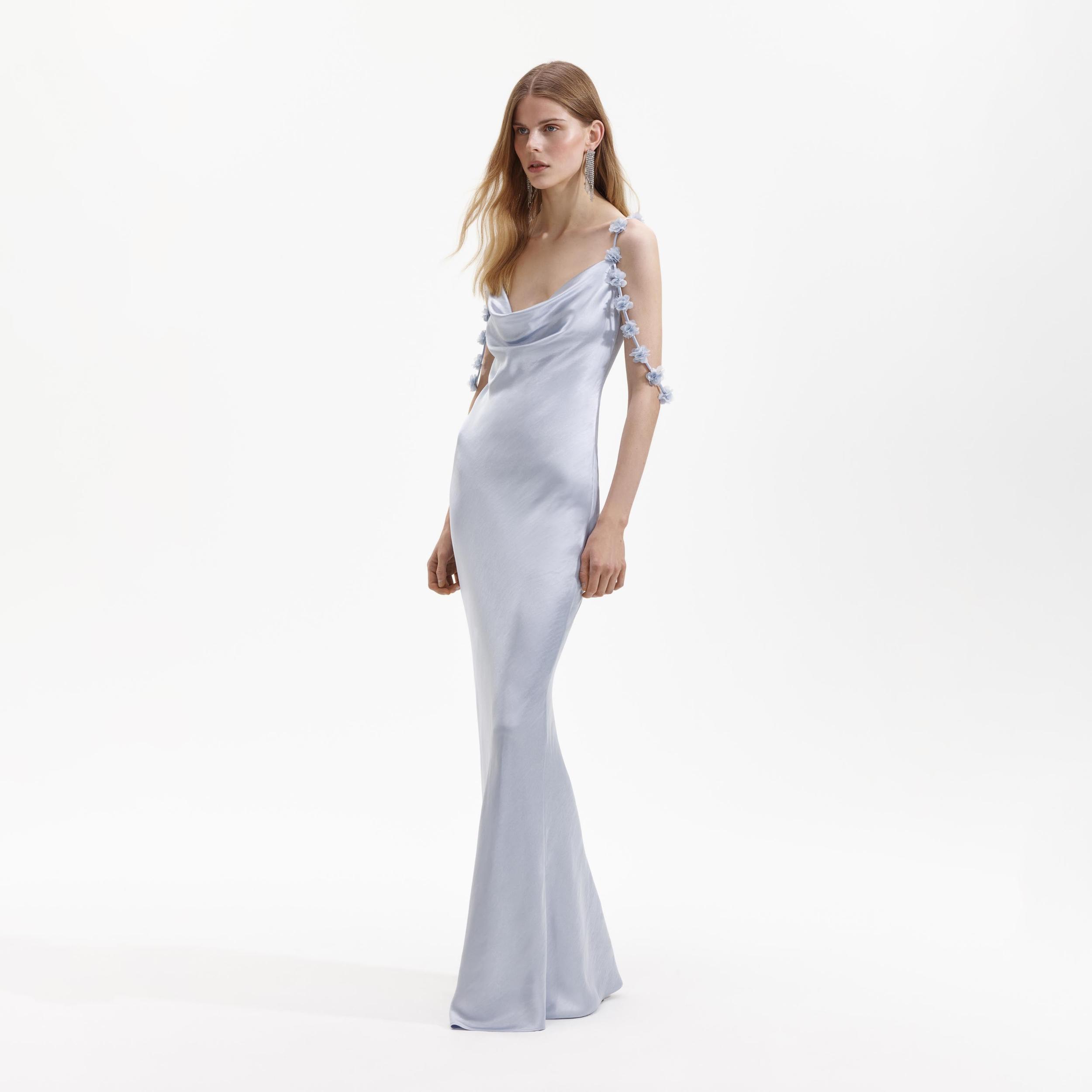 Blue Satin Flower Maxi Dress Product Image