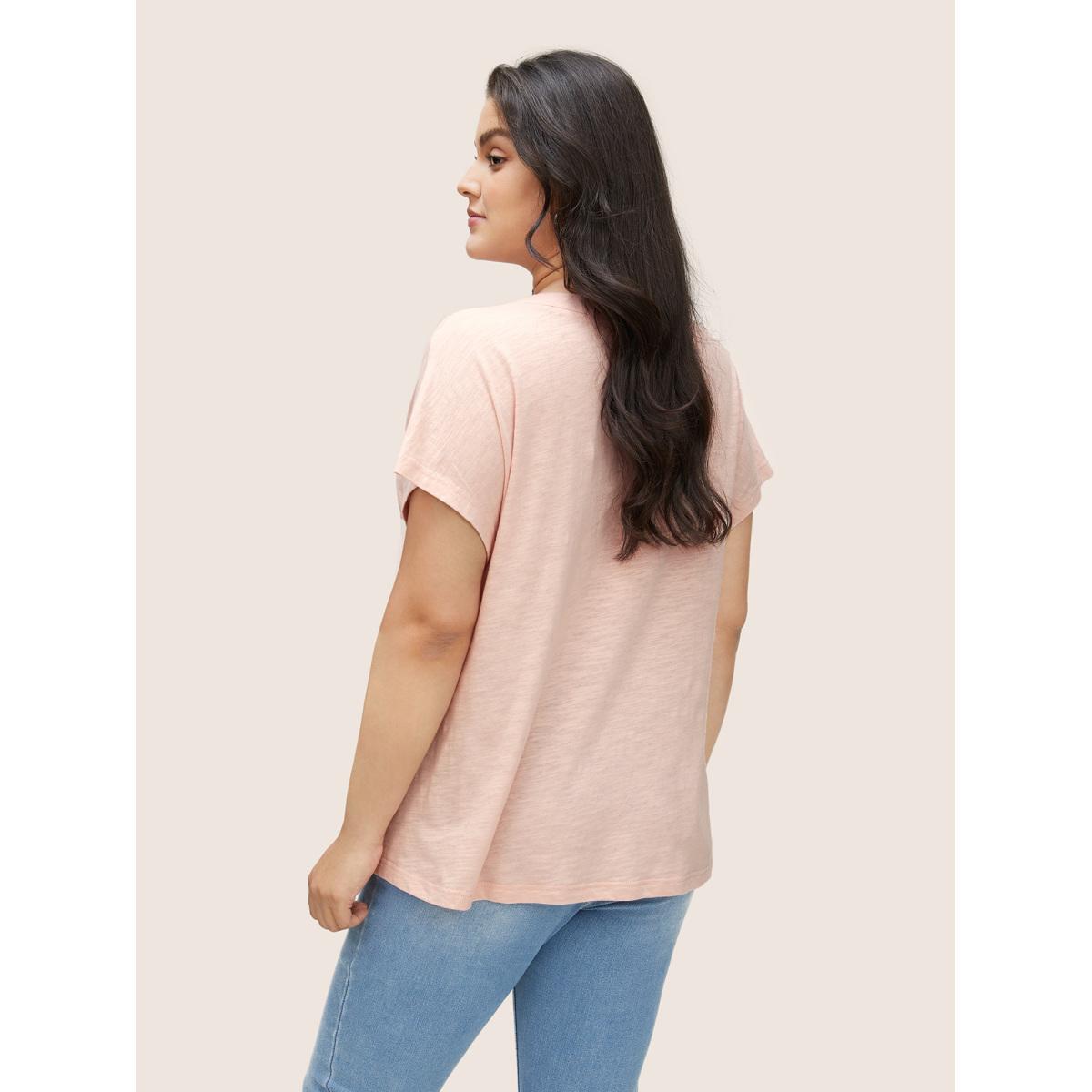 Plus Size Cotton Solid Notched Dolman Sleeve T-shirt Crepe Women Casual Non Plain Notched collar Everyday T-shirts BloomChic 12/L Product Image