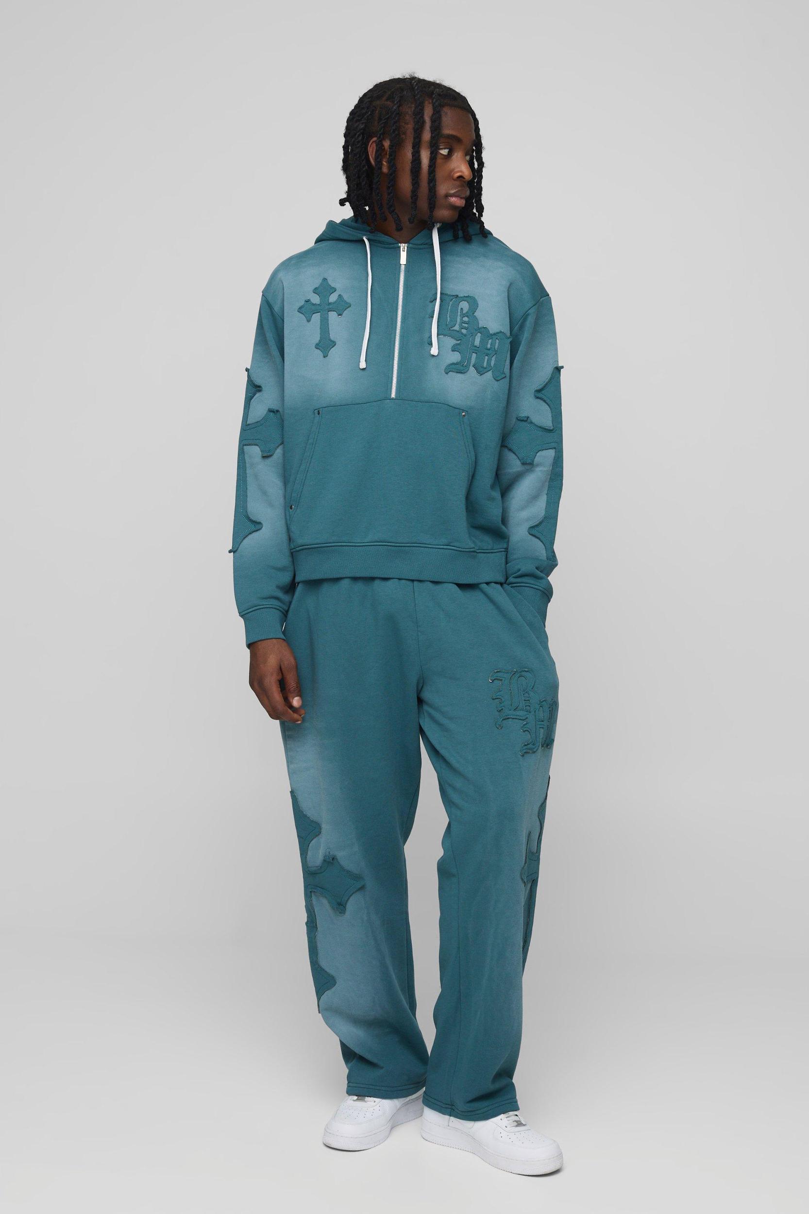 Oversized Boxy Cross Applique Wash Hooded Tracksuit | boohooMAN USA Product Image