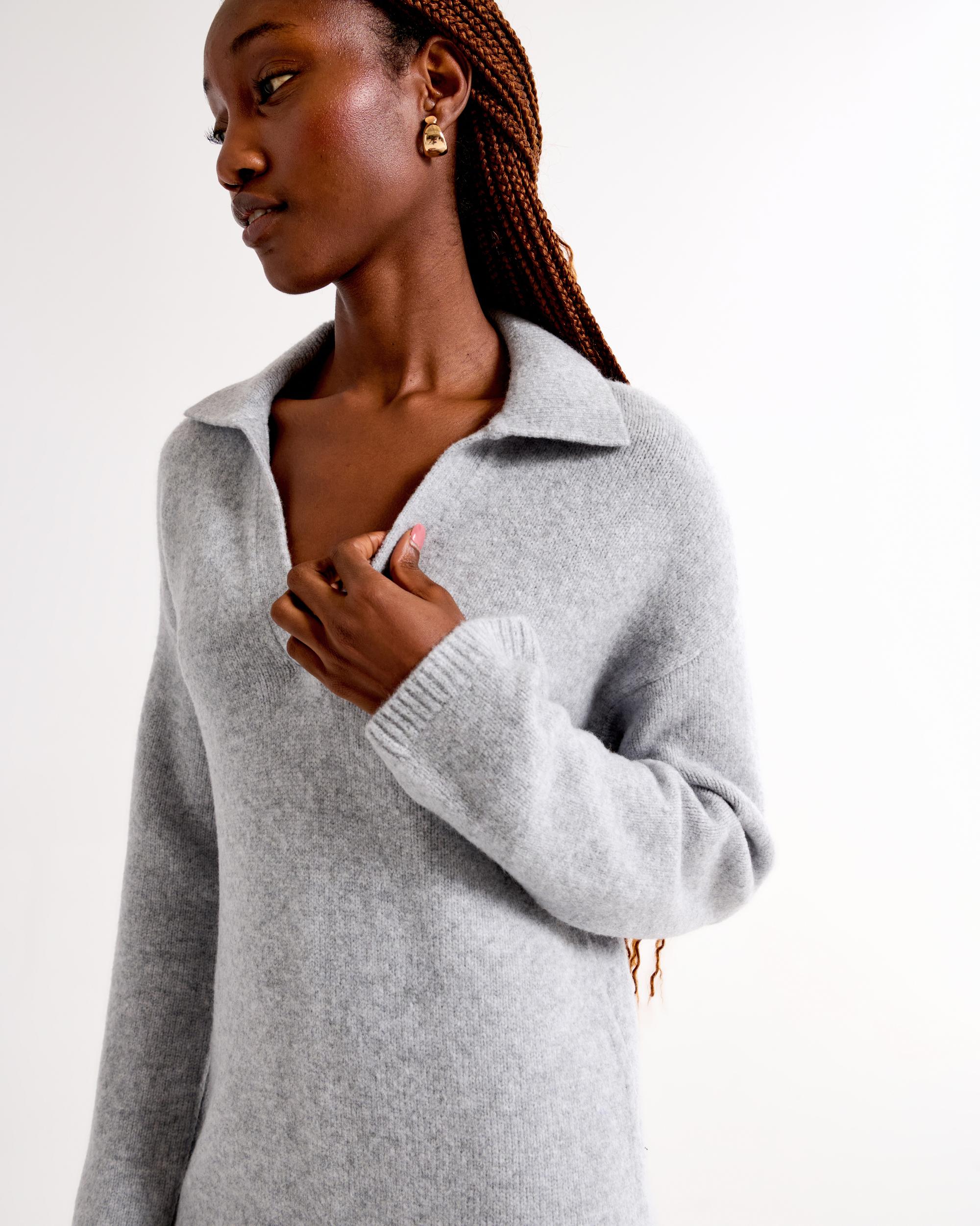 Long-Sleeve Collared Mini Sweater Dress Product Image