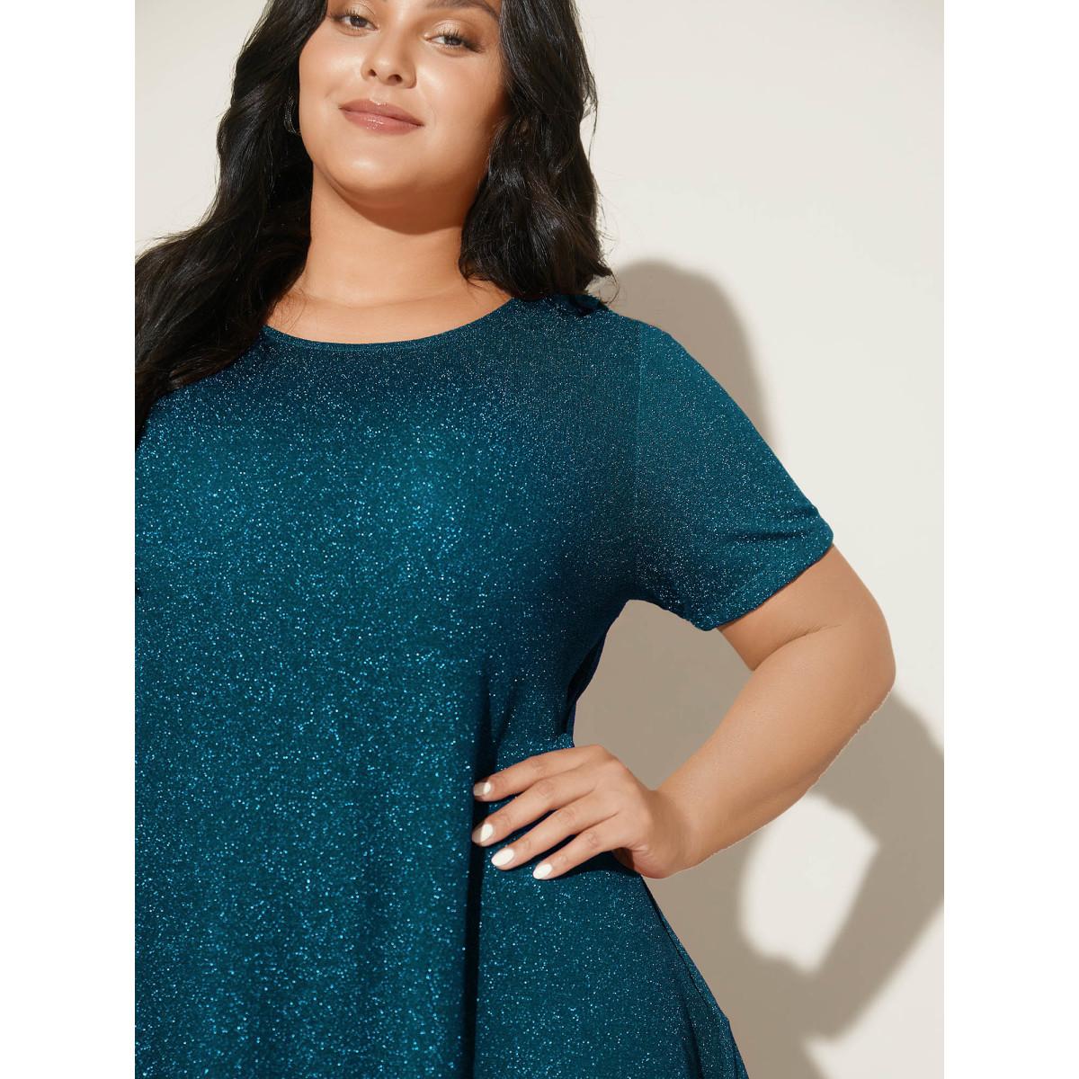 Plus Size Shimmering Gold & Silver Thread A-Line Tee Black Women Leisure Non Round Neck Loose Casual T-shirts BloomChic 12/L Product Image