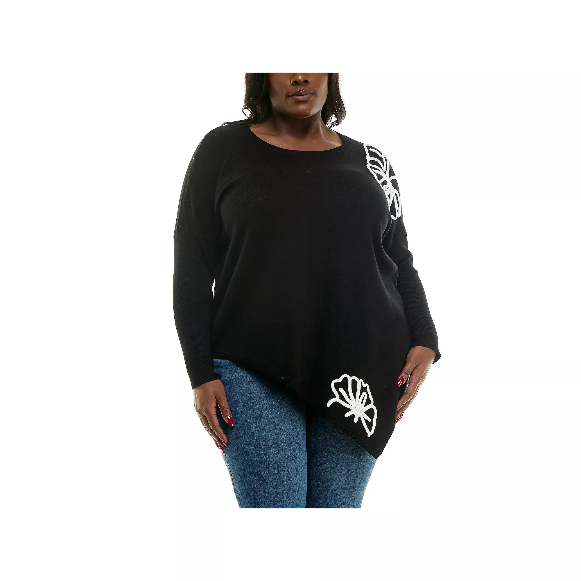 Plus Size Nina Leonard Oversized Floral Pattern Sweater, Women's, Size: 2XL, Black Ivory Product Image