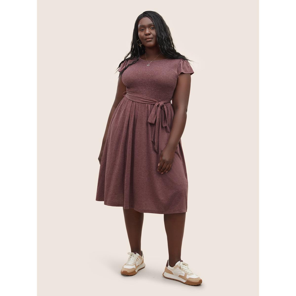 Plus Size Supersoft Essentials Shirred Ruffle Cap Sleeve Dress Scarlet Women Basics Non Round Neck Cap Sleeve Curvy Midi Dress BloomChic 18-20/2X Product Image