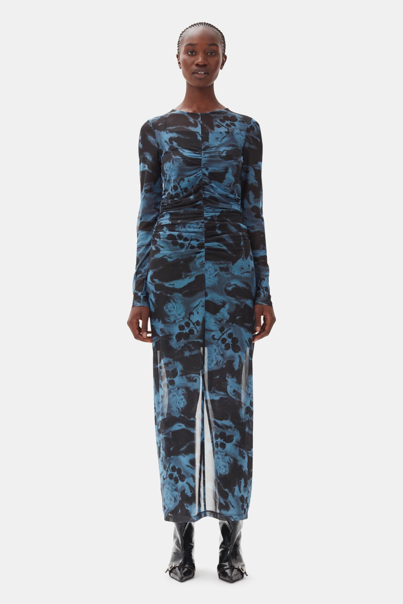 Blue Printed Mesh O-neck Ruched Long Dress Product Image