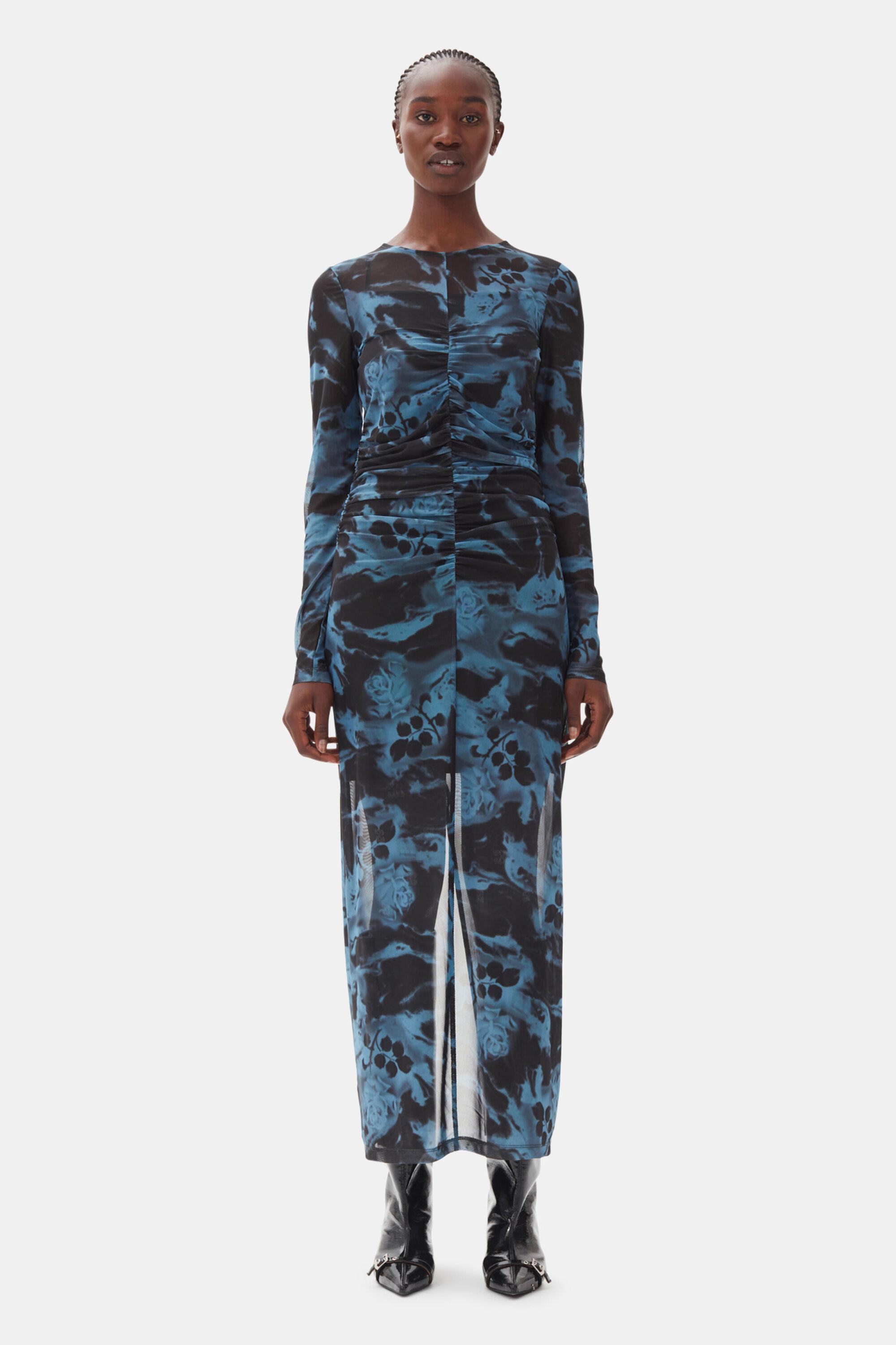 Blue Printed Mesh O-neck Ruched Long Dress Product Image