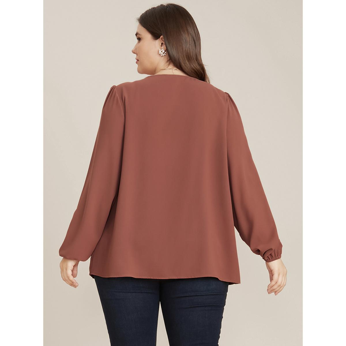 Plus Size DustyPink Solid Round Neck Pleated Lantern Sleeve Blouse Women Elegant Long Sleeve Round Neck Dailywear Blouses BloomChic 30/6X Product Image
