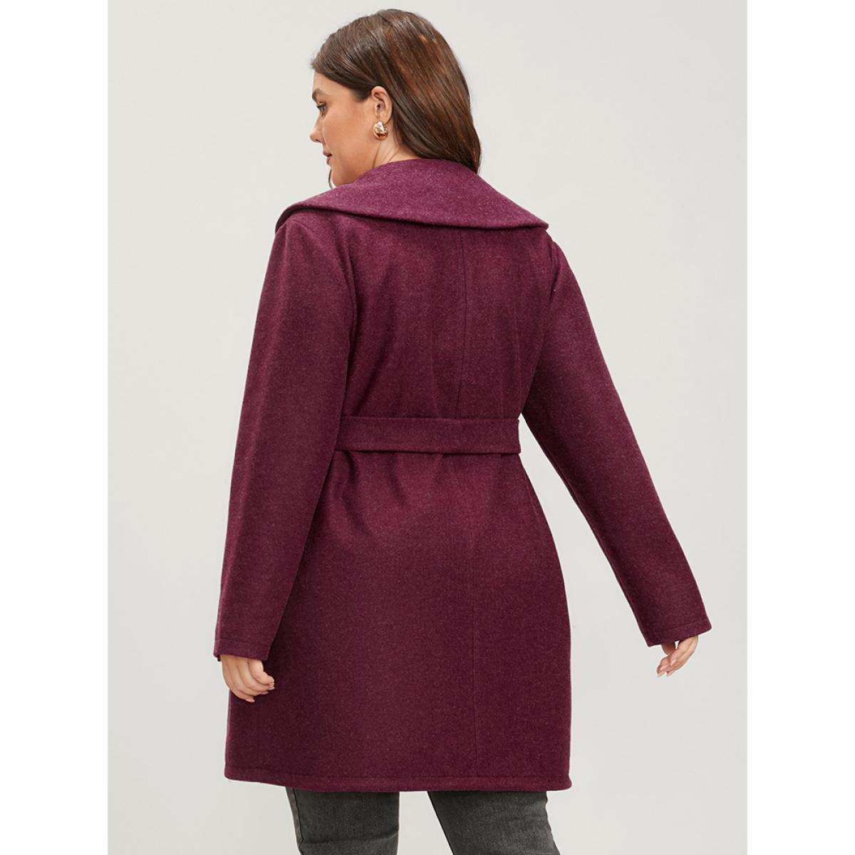 Plus Size Solid Foldover Collar Pocket Asymmetrical Hem Belted Coat Women Burgundy Elegant Cross straps Ladies Dailywear Winter Coats BloomChic 28/5X Product Image