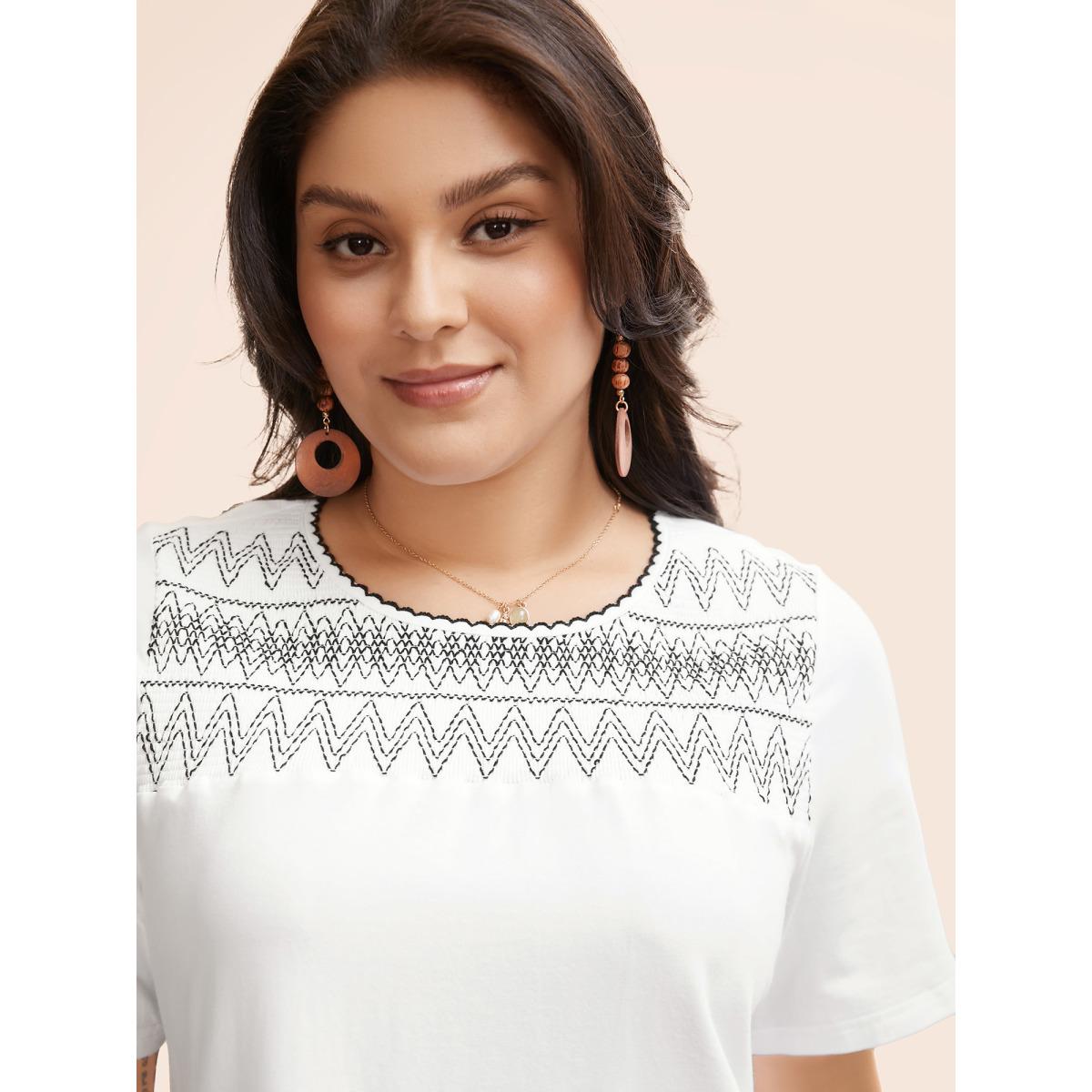 Plus Size Round Neck Embroidered Shirred T-shirt Originalwhite Women Resort Woven ribbon&lace trim Art&design Round Neck Vacation T-shirts BloomChic 12/L Product Image