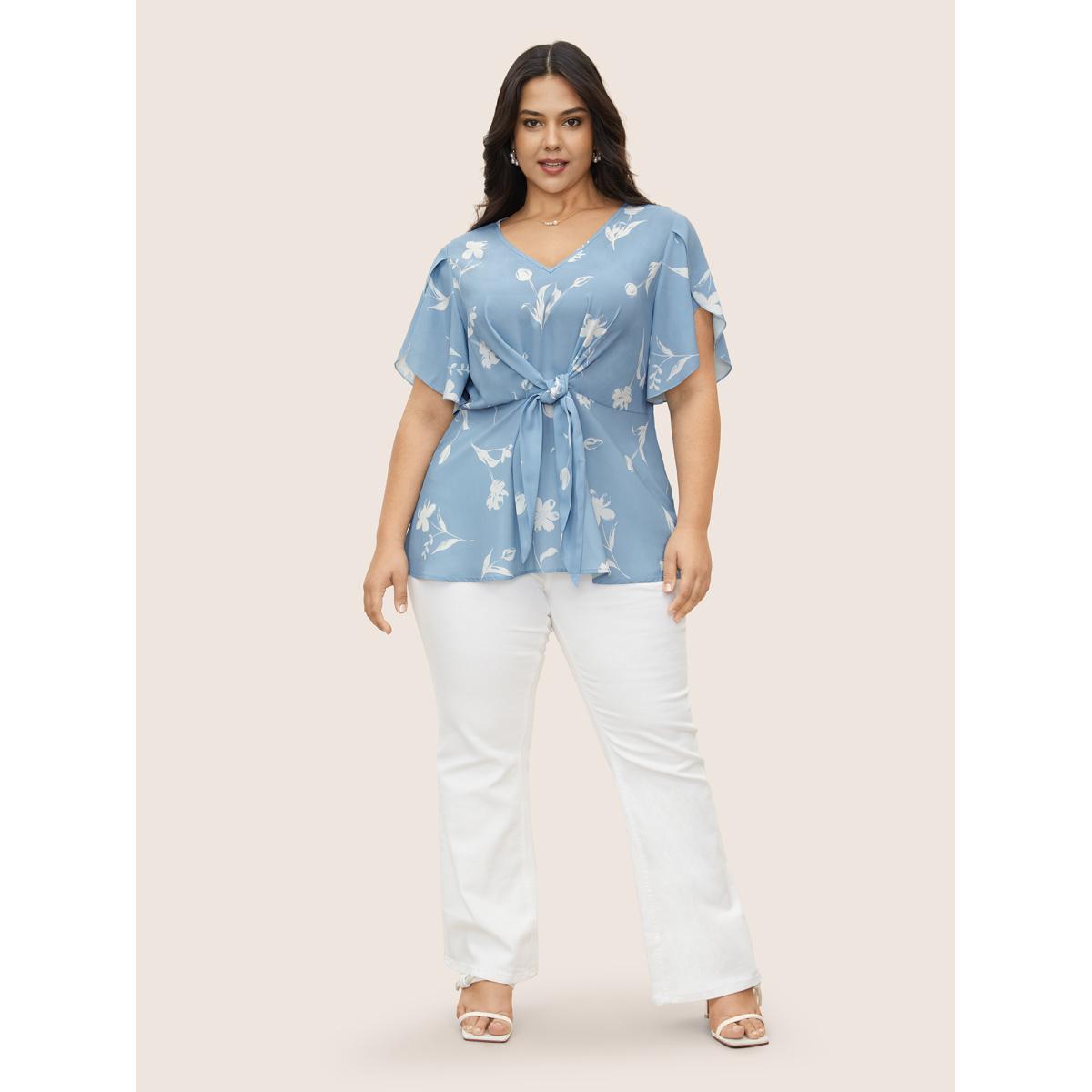 Plus Size Stone Floral Tie Knot Petal Sleeve Blouse Women Elegant Short sleeve V-neck Everyday Blouses BloomChic 22-24/3X Product Image