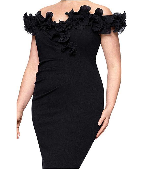 Xscape Plus Size Scuba Crepe V-Neck Sleeveless Wire Ruffle Trim Ruched Back Midi Dress Product Image