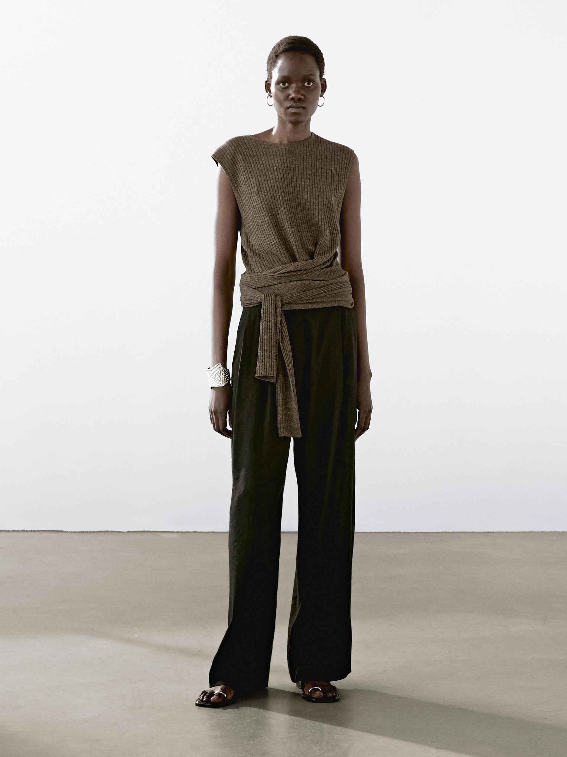 Melange linen blend top with tie detail Product Image