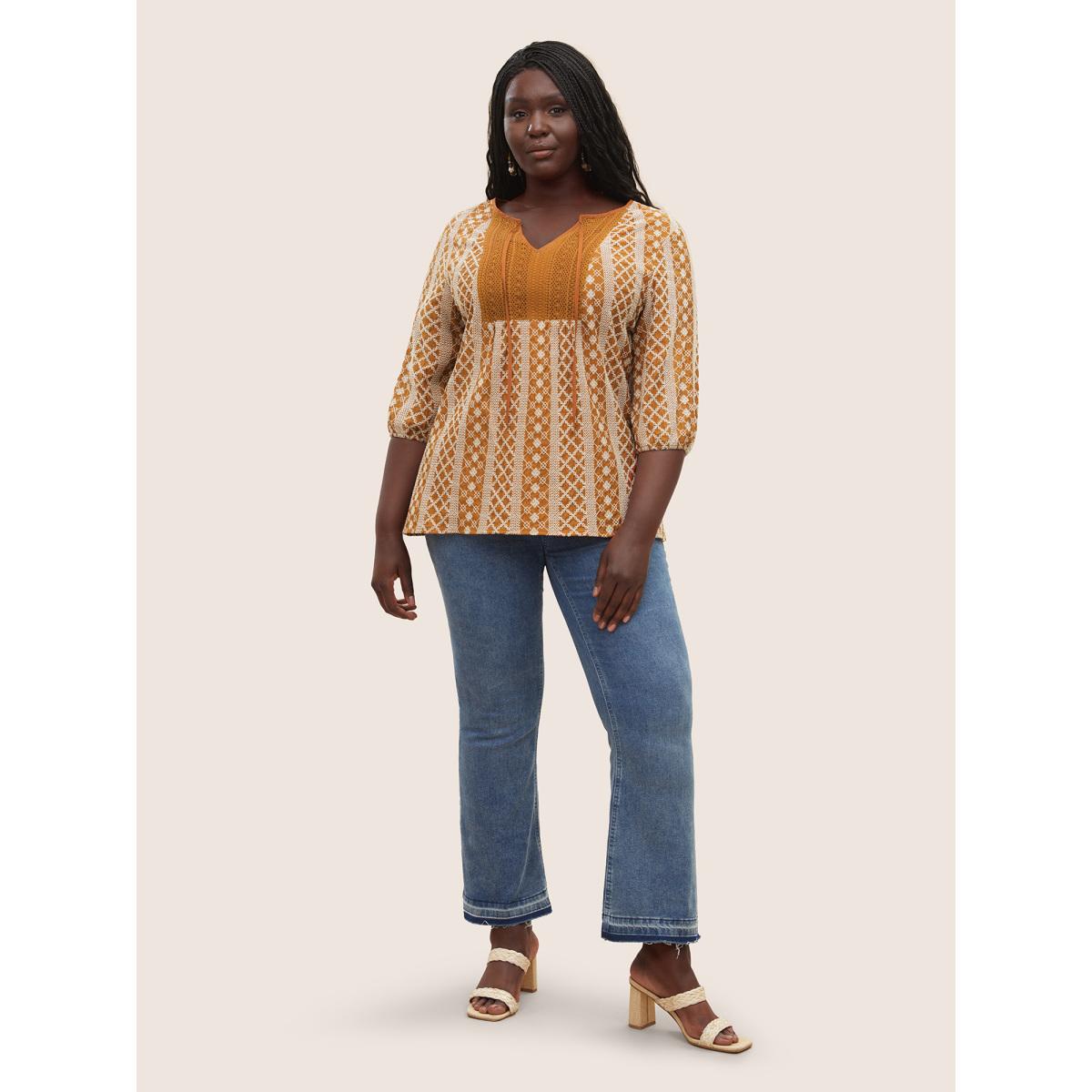 Plus Size OrangeRed Boho Print Embroidered Eyelet Lace Knot Neck Blouse Women Resort Elbow-length sleeve Flat collar with V-notch Vacation Blouses BloomChic 14-16/1X Product Image