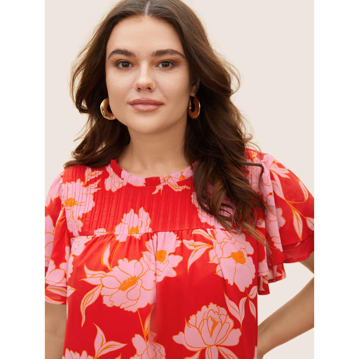 Plus Size Brightred Floral Stand Collar Pleated Tiered Ruffles Blouse Women Elegant Short sleeve Stand-up collar Everyday Blouses BloomChic 12/L Product Image