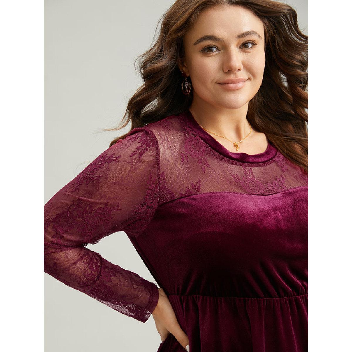 Plus Size Burgundy Velvet Patchwork Mesh Guipure Lace Gathered Blouse Women Elegant Long Sleeve Round Neck Festival-Christmas Blouses BloomChic 28/5X Product Image