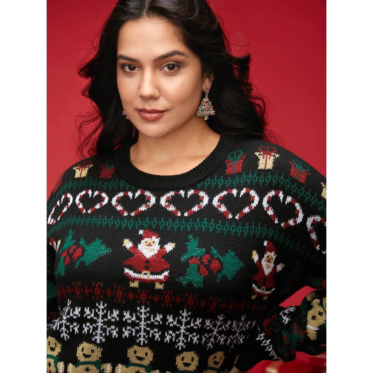 Plus Size Festive Pattern Round Neck Pullover Black Women Casual Loose Long Sleeve Round Neck Everyday Pullovers BloomChic 18-20/2X Product Image