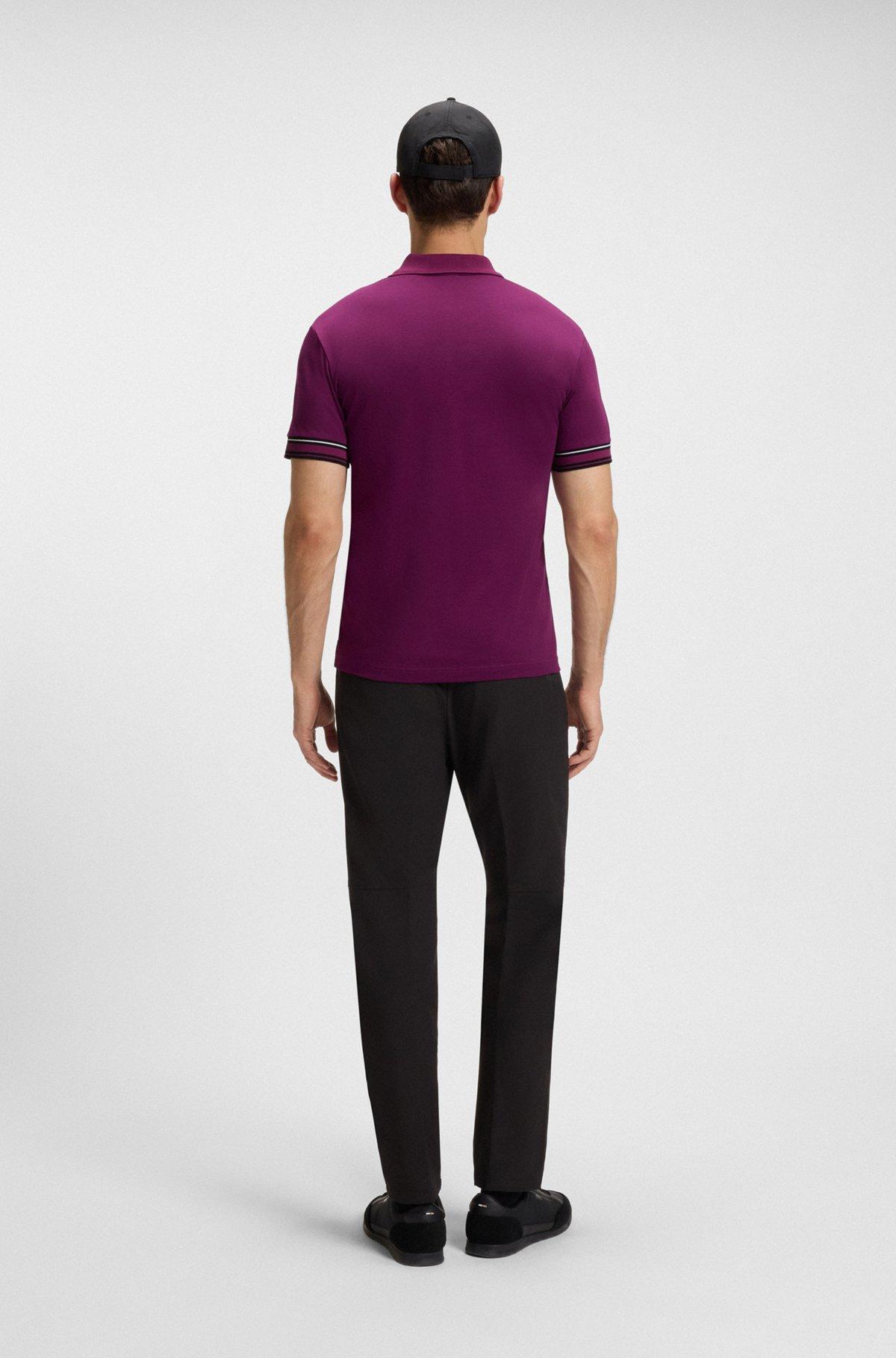 BOSS - Slim-fit polo shirt in cotton with striped collar - Pink Product Image