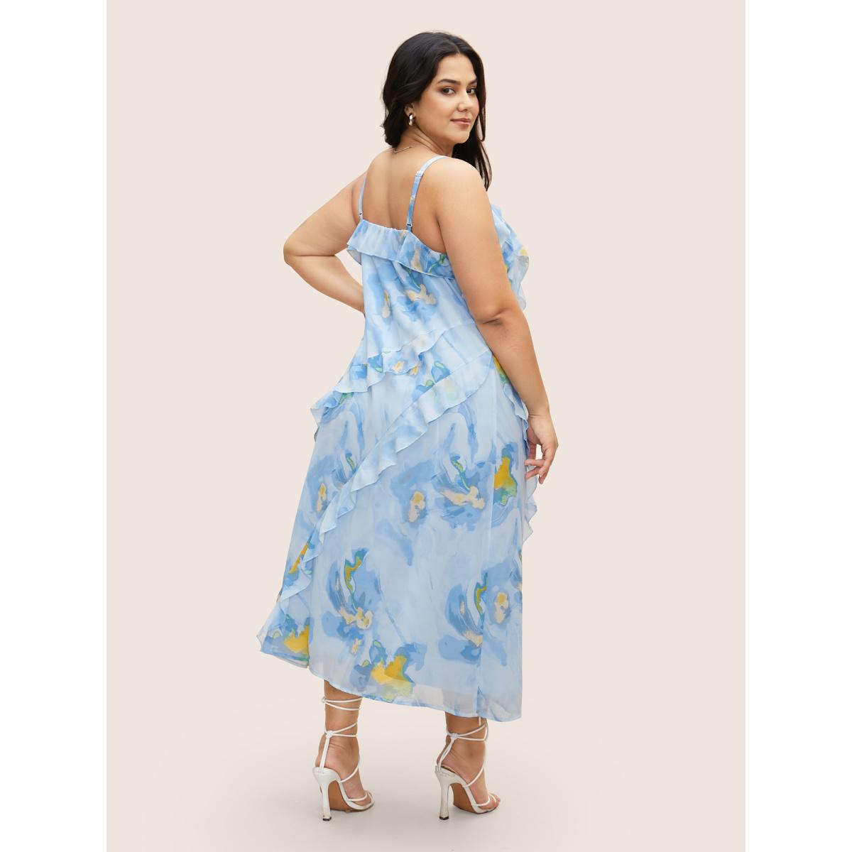 Plus Size Watercolor Floral Ruffle Trim Slit Hem Dress LightBlue Women Elegant Slit Non Sleeveless Curvy BloomChic 12/L Product Image