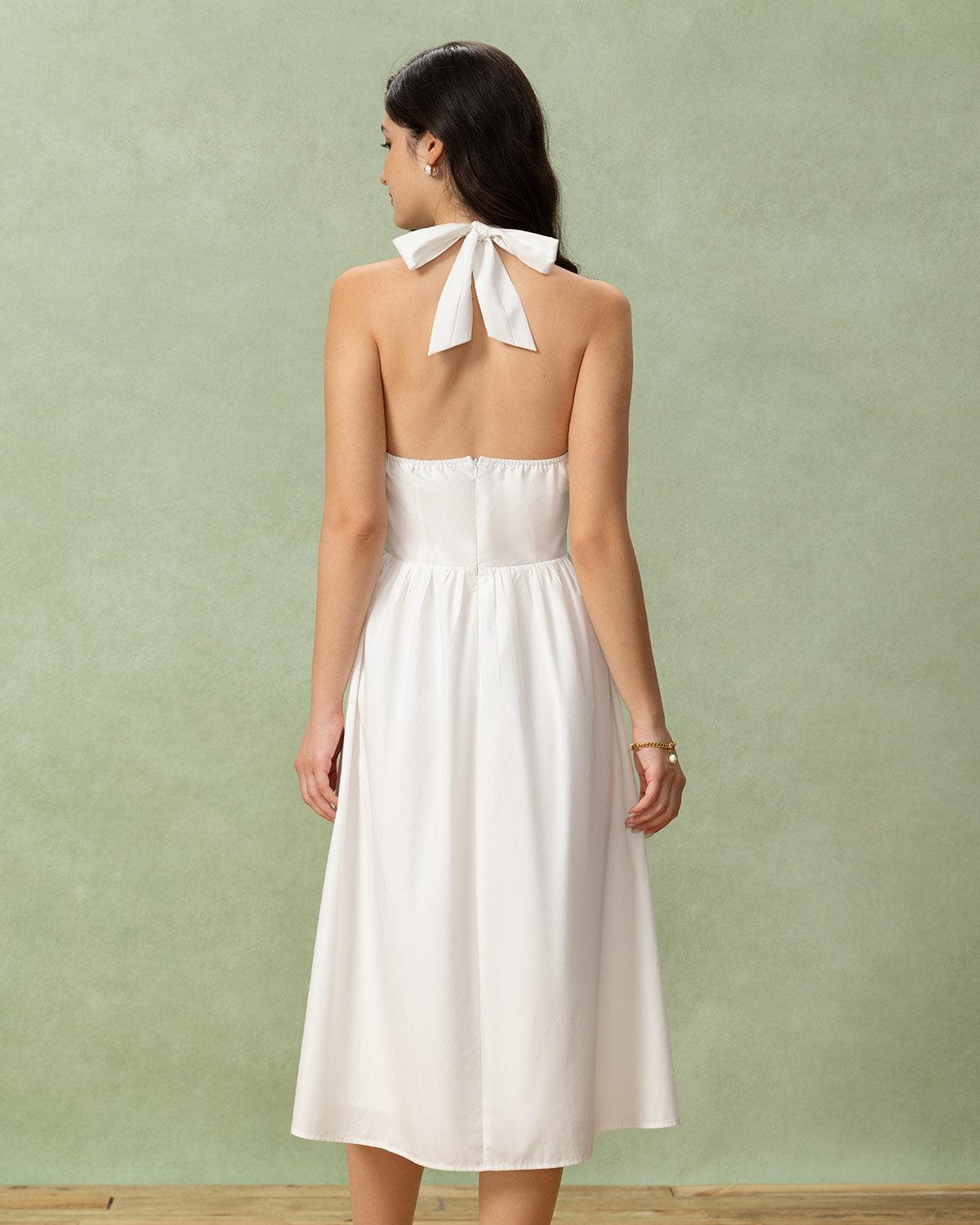 White Embroidery A-Line Halter Midi Dress Product Image