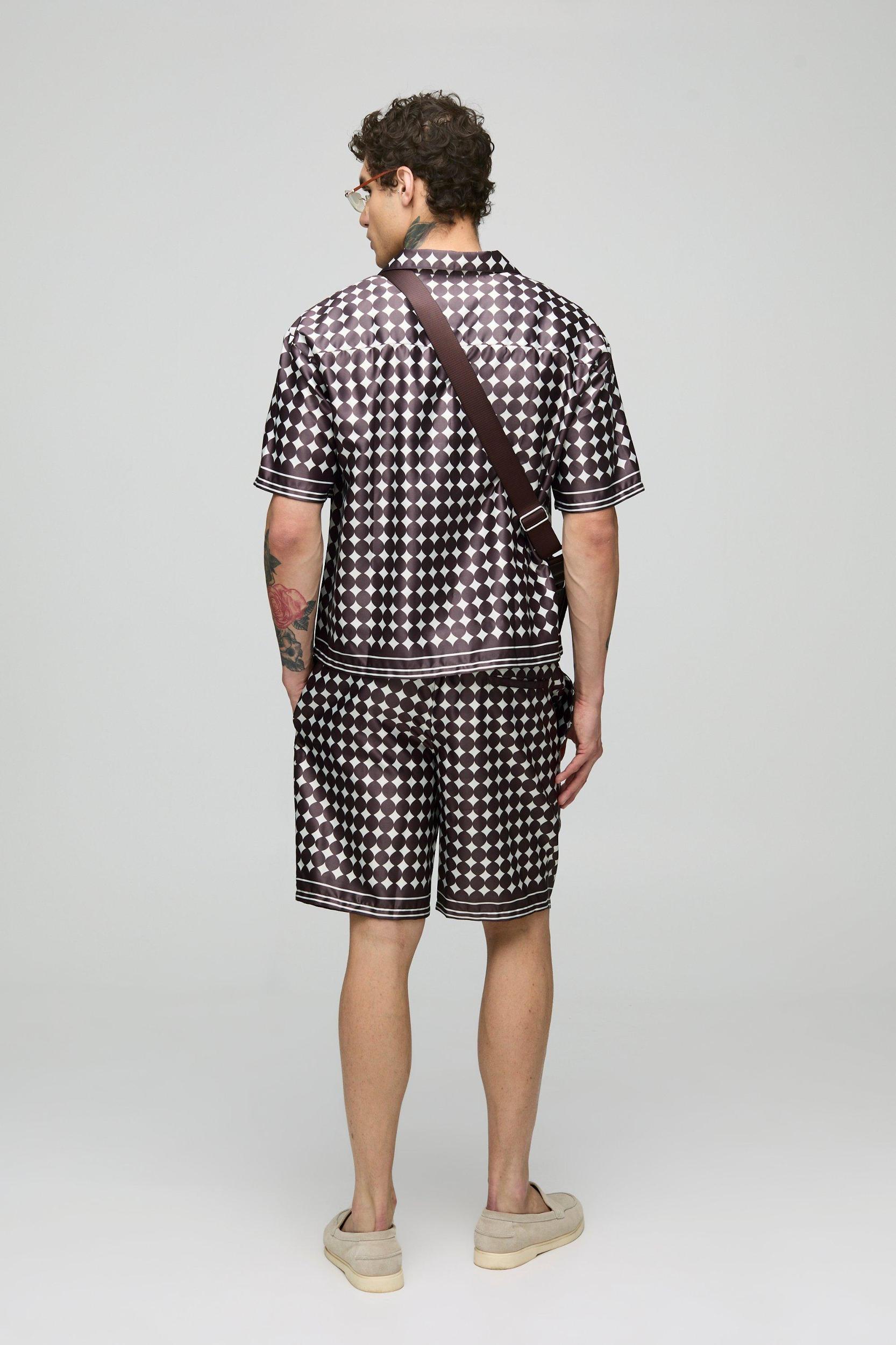 Oversized Boxy Short Sleeve Check Satin Shirt & Short Set | boohooMAN USA Product Image