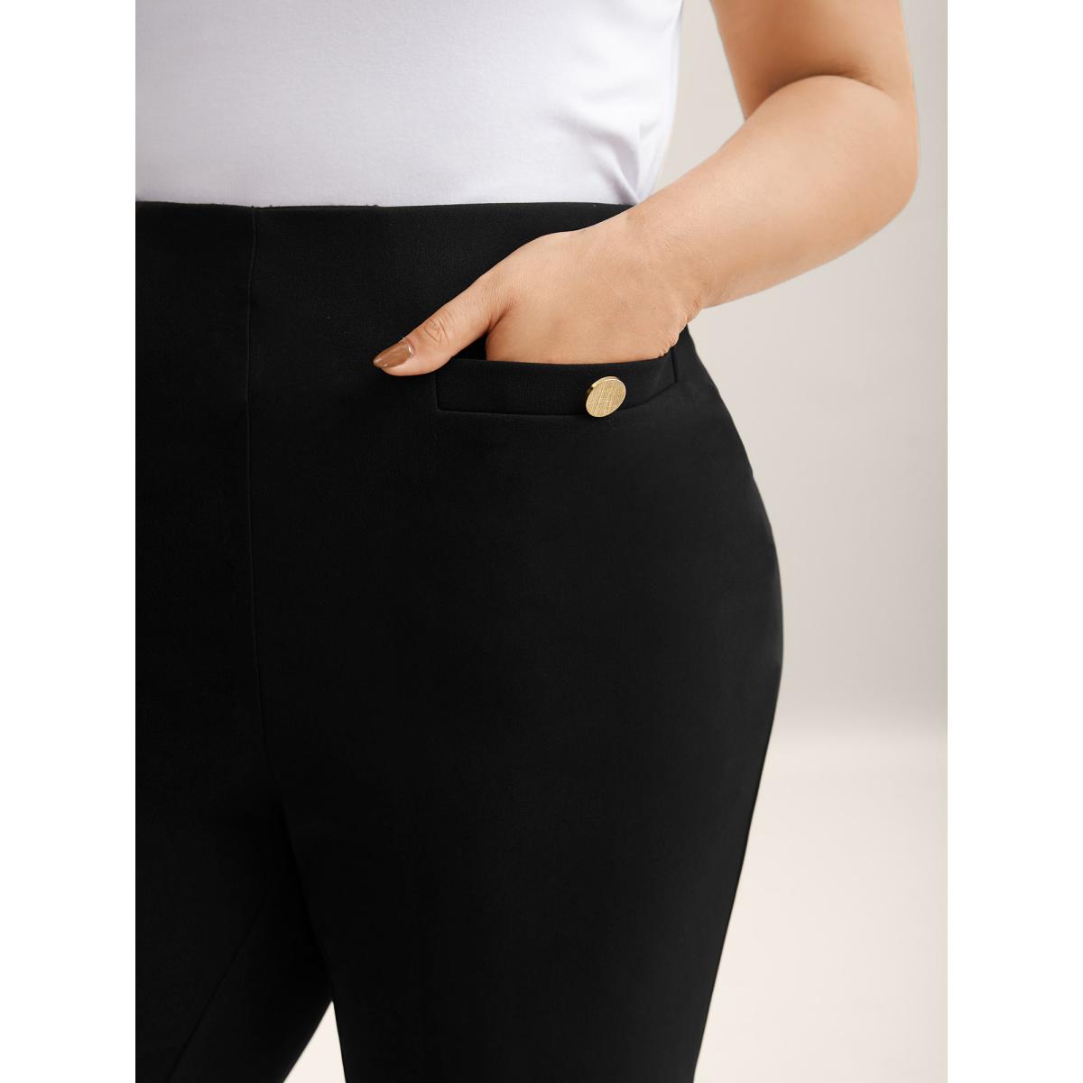 Plus Size Button Detail Anti-Seam Flared Pants Women Black At the Office Bootcut Mid Rise Work Pants BloomChic 12/L Product Image