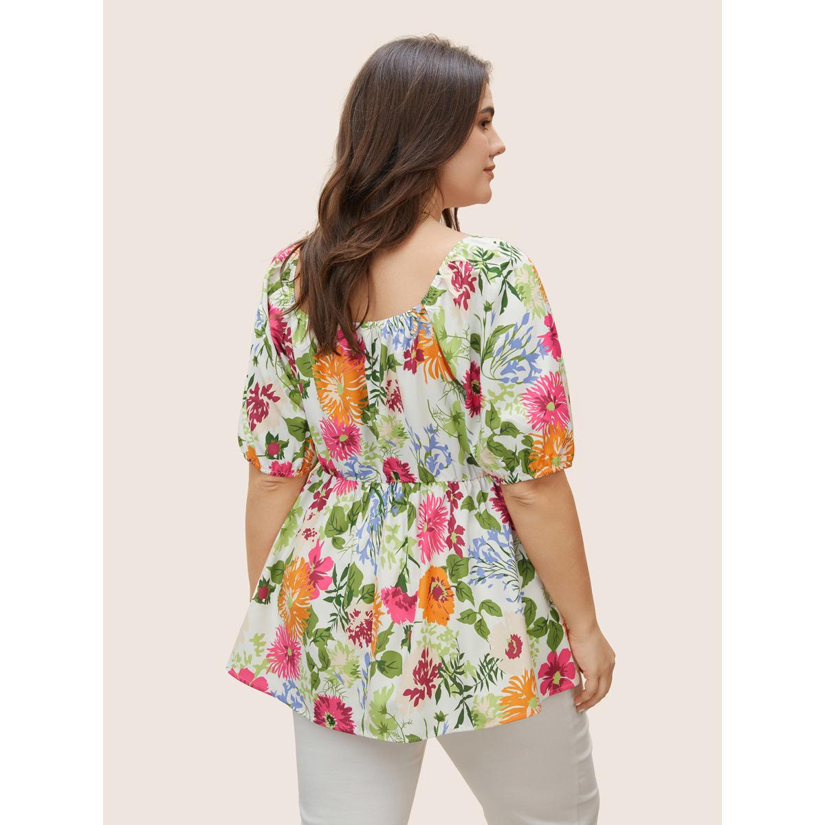 Plus Size Multicolor Floral Notched Collar Lantern Sleeve Blouse Women Elegant Half Sleeve Notched collar Everyday Blouses BloomChic 22-24/3X Product Image