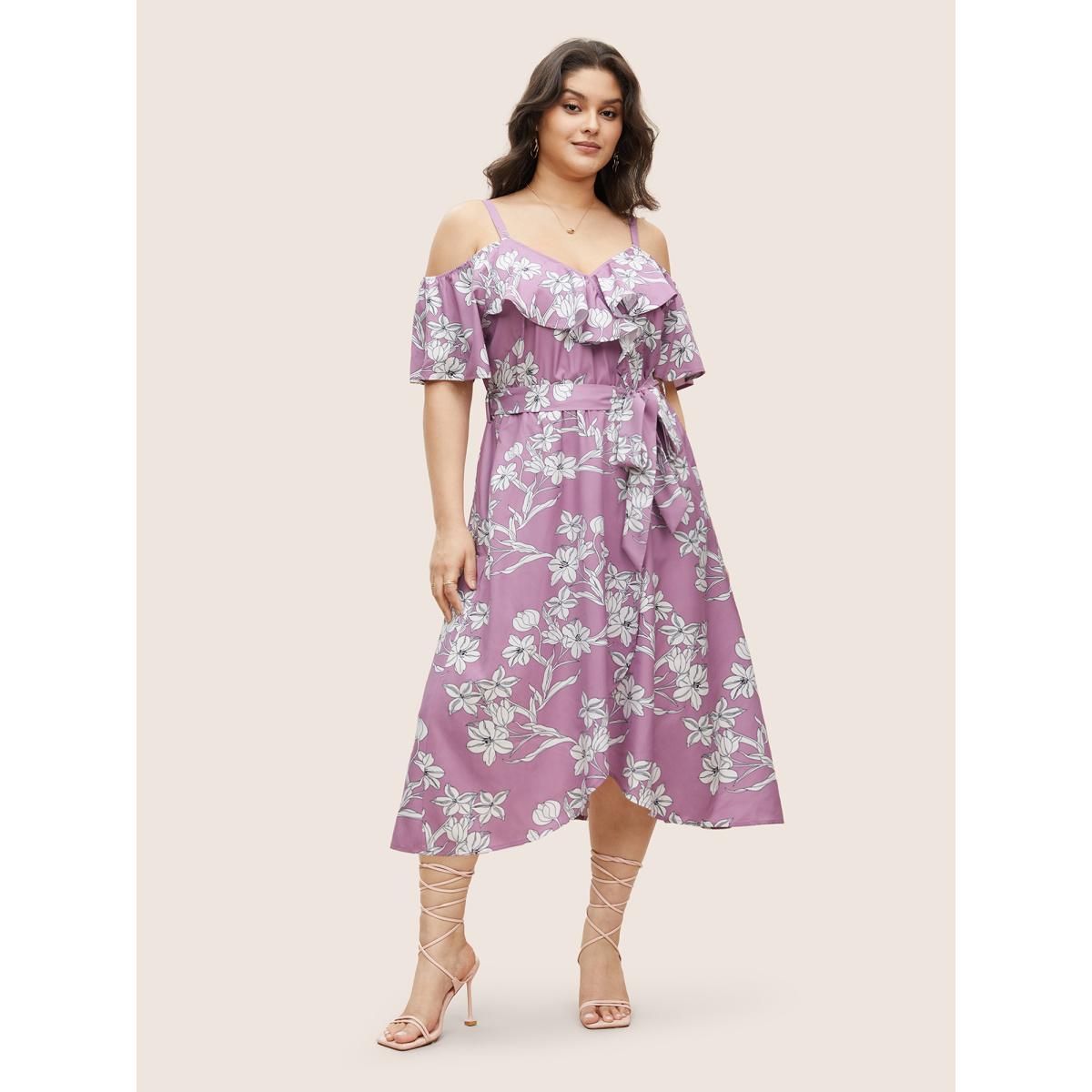 Plus Size Floral Ruffles Asymmetrical Hem Belted Gathered Dress Lilac Women Elegant Gathered Non Short sleeve Curvy Midi Dress BloomChic 30/6X Product Image