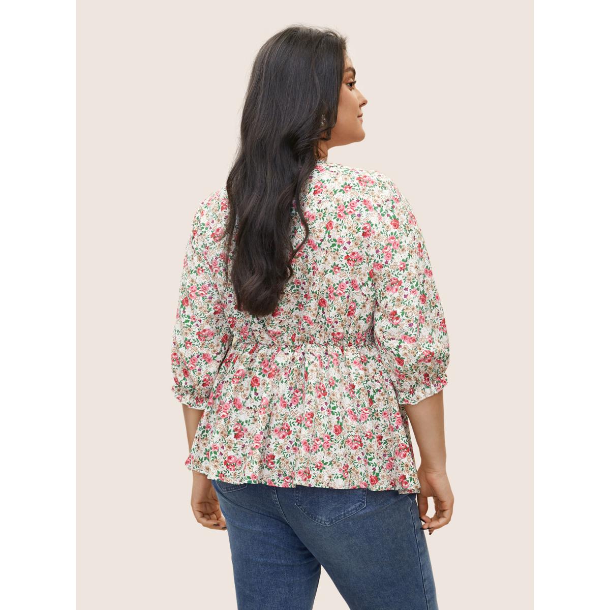 Plus Size Multicolor Ditsy Floral Notched Gathered Ruffles Blouse Women Elegant Elbow-length sleeve Notched collar Everyday Blouses BloomChic 14-16/1X Product Image