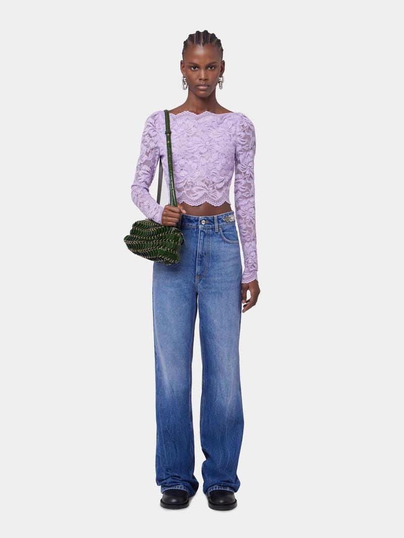 LAVENDER LONG-SLEEVED CROP TOP IN LACE Product Image