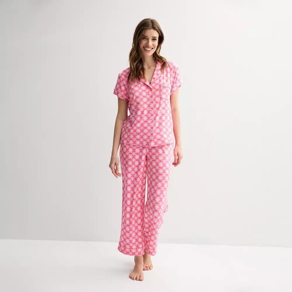 Women's Draper James 2-Piece Printed Cozy Short Sleeve Notch Collar Pajama Top & Pajama Pants Set,  Product Image