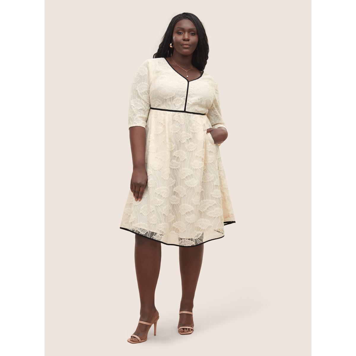 Plus Size Contrast Trim Lace V Neck Dress Apricot Women Elegant Non V-neck Elbow-length sleeve Curvy Midi Dress BloomChic 28/5X Product Image
