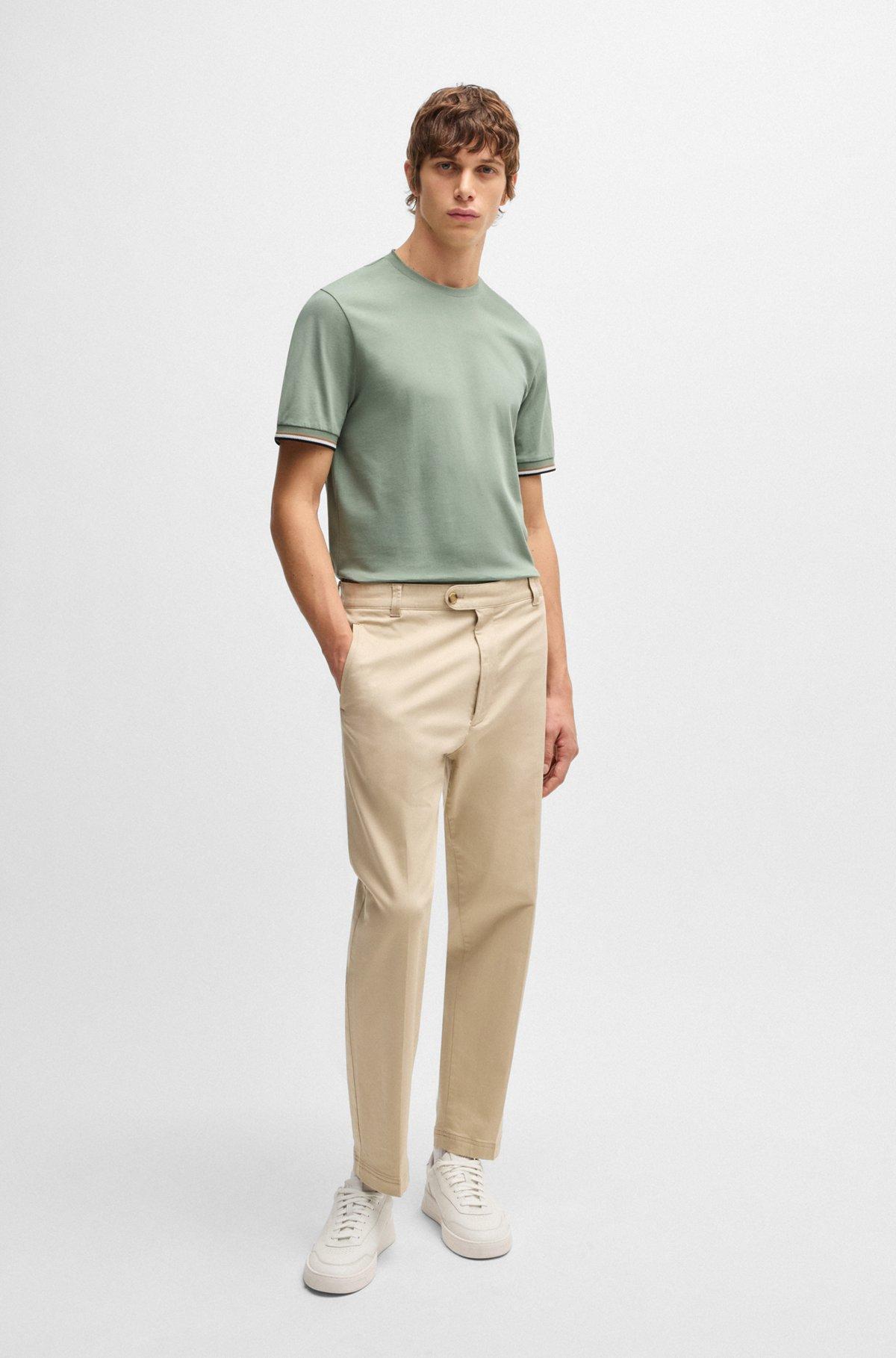 BOSS - Cotton-jersey T-shirt with signature-stripe cuffs - Light Green Product Image