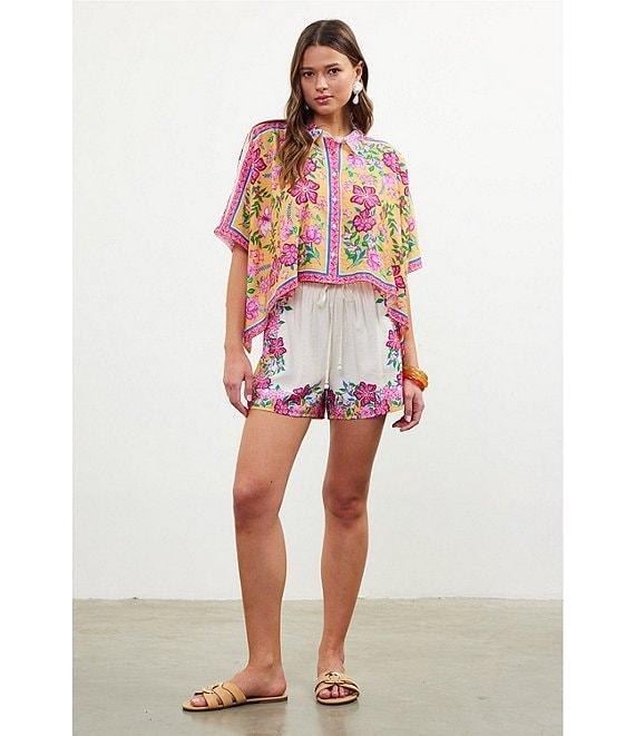 Skies Are Blue Floral Border Print Elastic Waist Coordinating Shorts Product Image