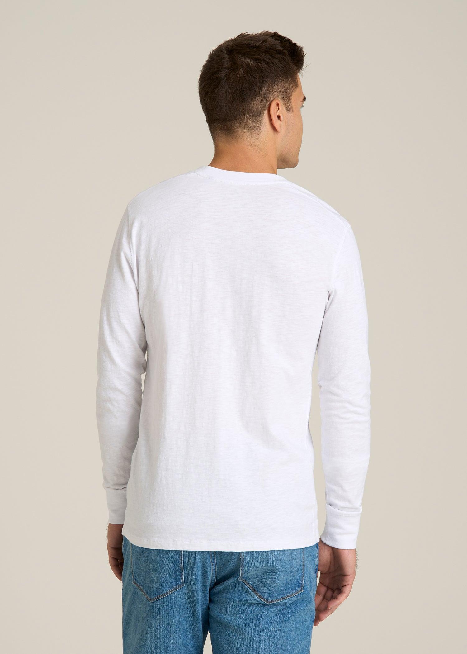 Three-Button Long Sleeve Slub Henley for Tall Men in White Male Product Image