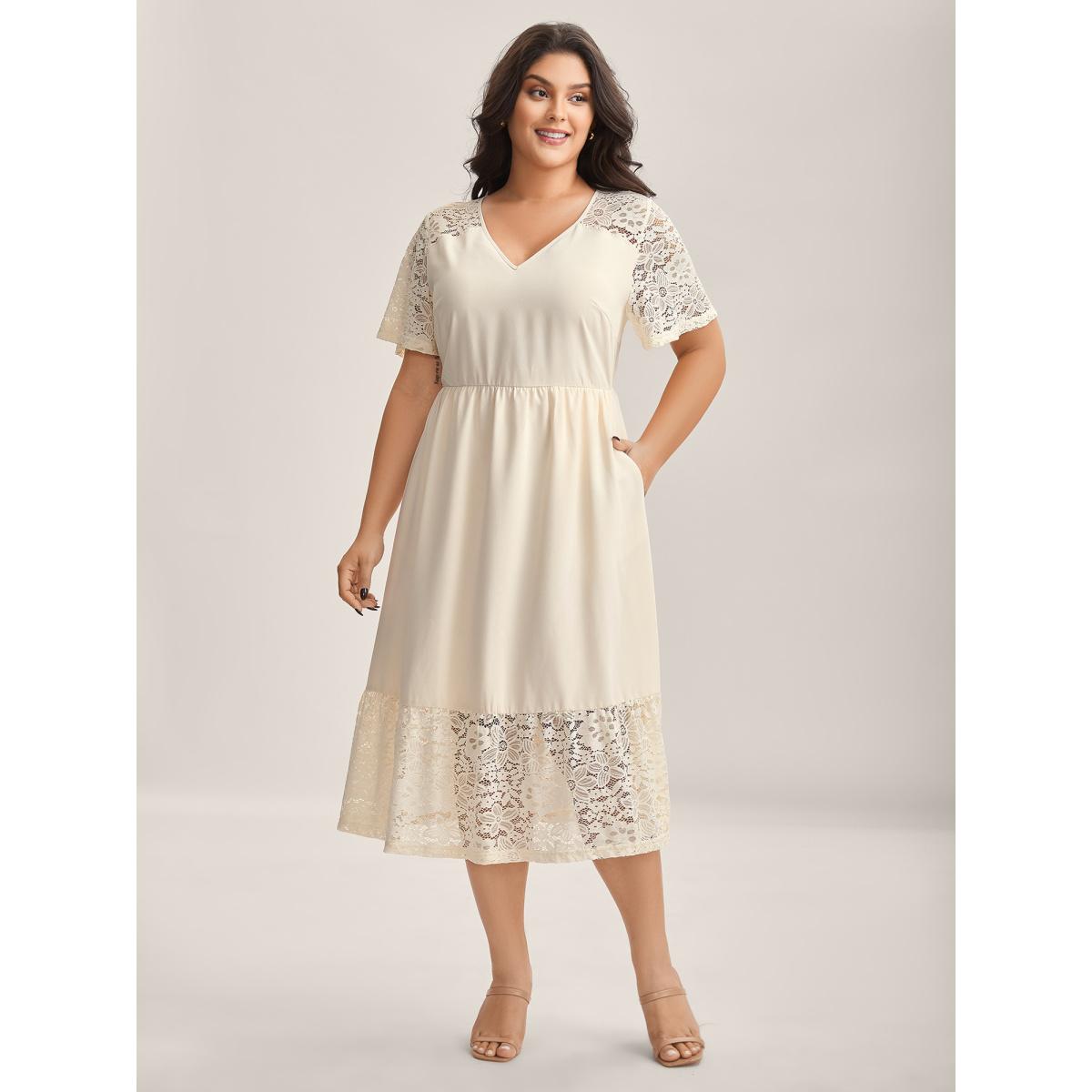 Plus Size Sheer Lace Pockets Solid Midi Dress Apricot Women V-neck Short sleeve Curvy BloomChic 22-24/3X Product Image