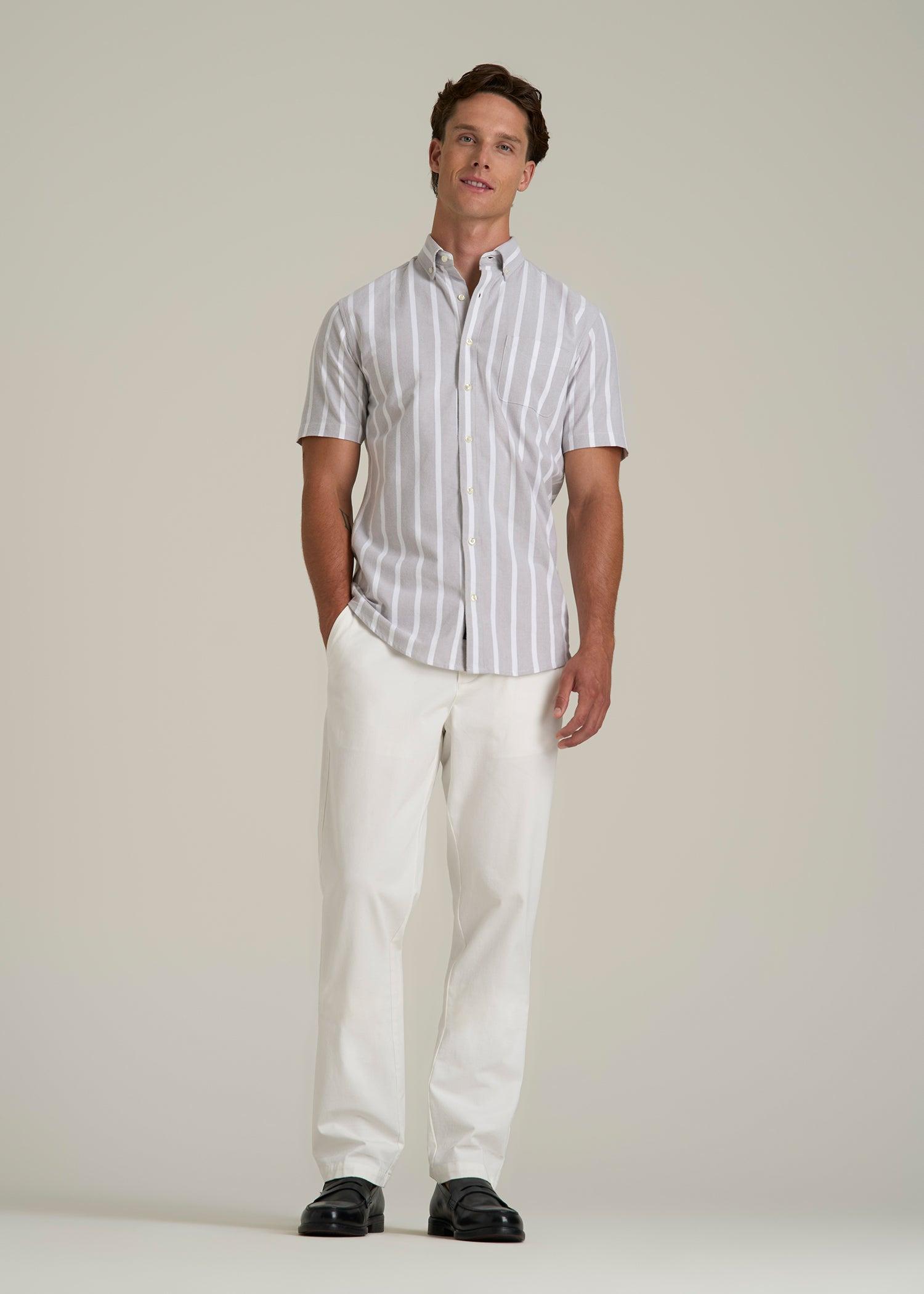 Short Sleeve Oxford Button Shirt For Tall Men in Bold Grey Stripe Male Product Image