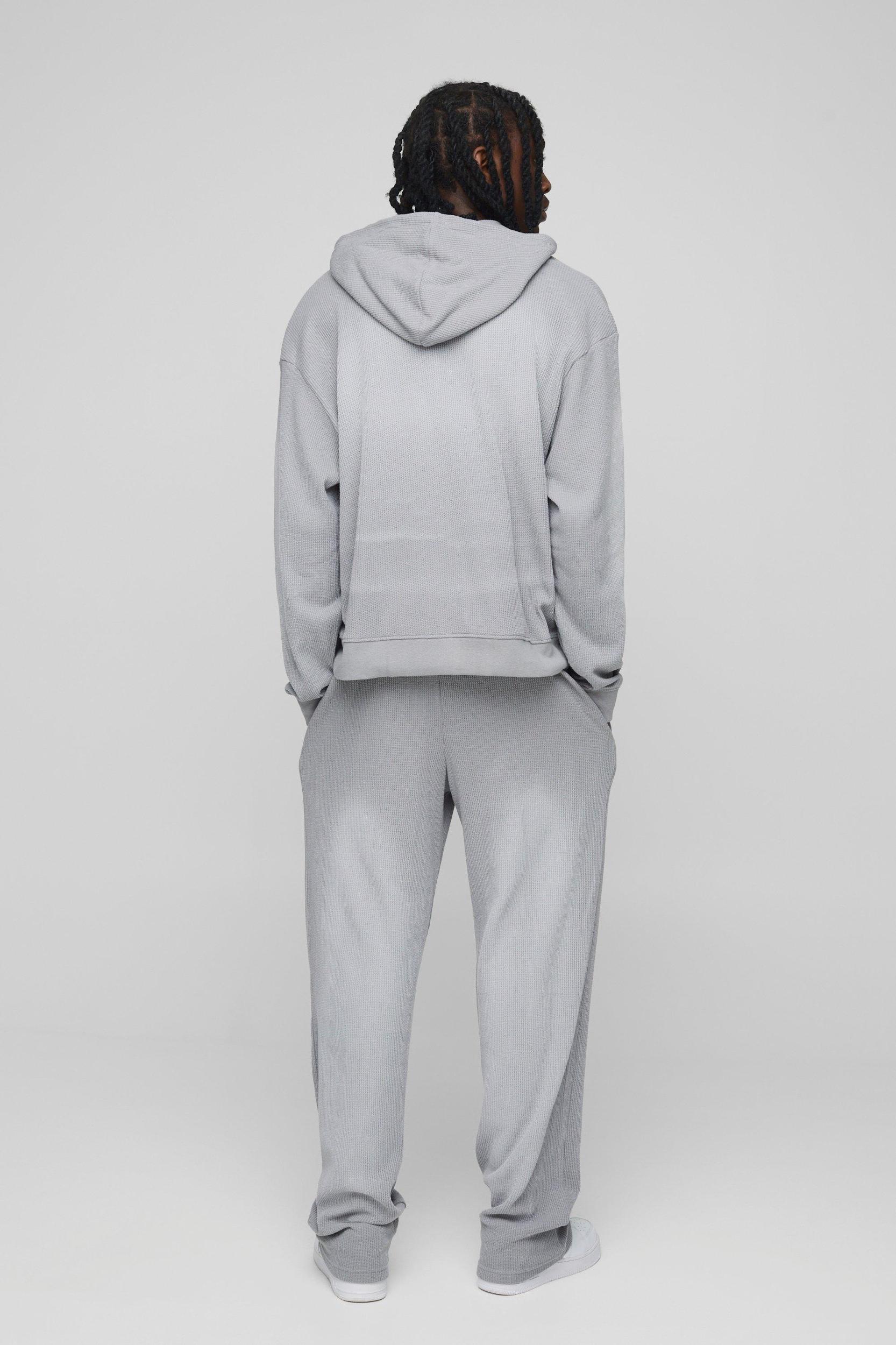 Oversized Boxy Man Washed Waffle Hooded Zip Tracksuit | boohooMAN USA Product Image