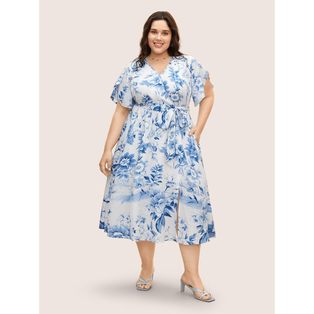 Plus Size Floral Wrap Petal Sleeve Belted Dress Originalwhite Women Elegant Belted Overlap Collar Half Sleeve Curvy BloomChic 28/5X Product Image