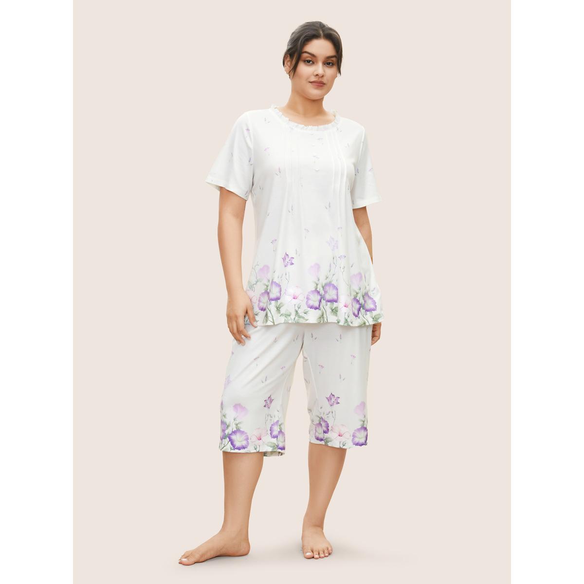 Plus Size Floral Pleated Button Detail Loungewear Set Women White Contrast Short sleeve Round Neck Lounge Loungewear Sets BloomChic 10/M Product Image