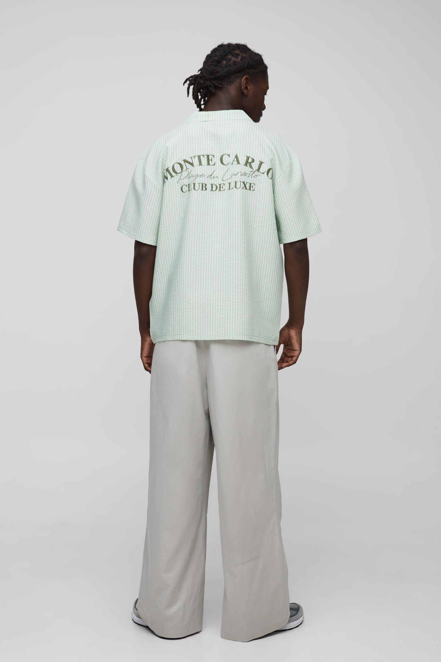 Oversized Embroidered Stripe Seersucker Revere Shirt | boohooMAN USA Product Image