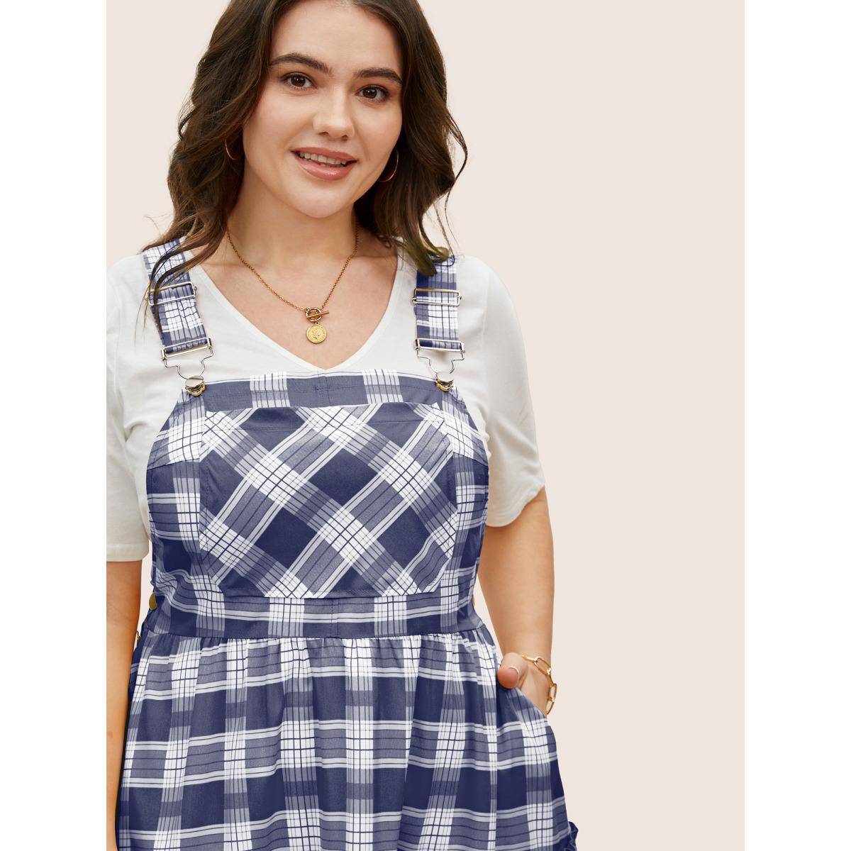 Plus Size Plaid Frill Trim Patchwork Hem Dress DarkBlue Women Casual Frill Trim Non Sleeveless Curvy BloomChic 22-24/3X Product Image
