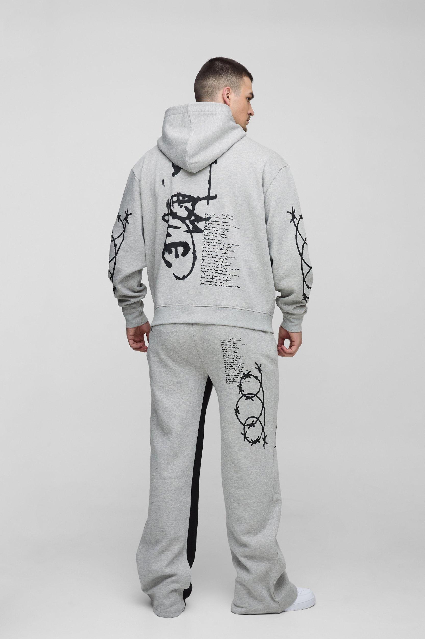 Tall Oversized Multi Placement Graffiti Zip Through Gusset Hooded Tracksuit | boohooMAN USA Product Image