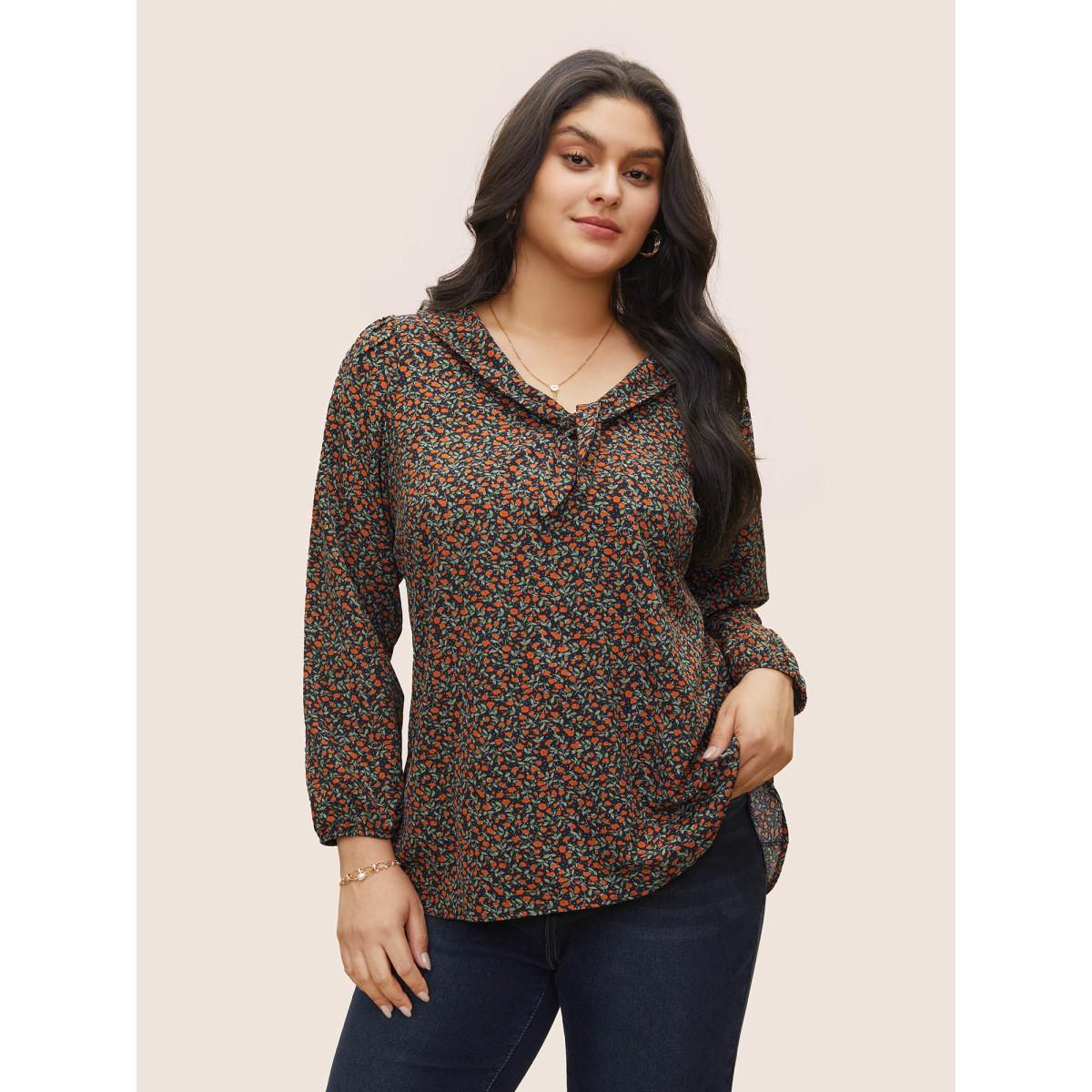 Plus Size Indigo Ditsy Floral Ties Elastic Cuffs Blouse Women Elegant Long Sleeve V-neck Everyday Blouses BloomChic 12/L Product Image